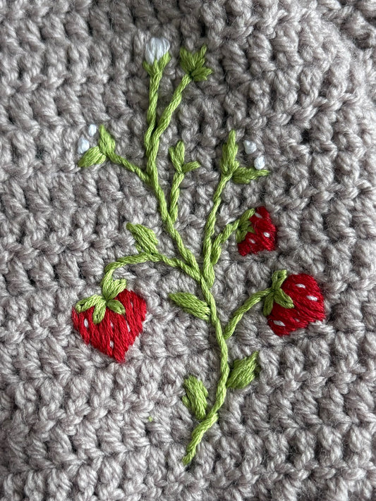 Handmade Crochet Strawberry Fields Embroidered Griege Cardigan