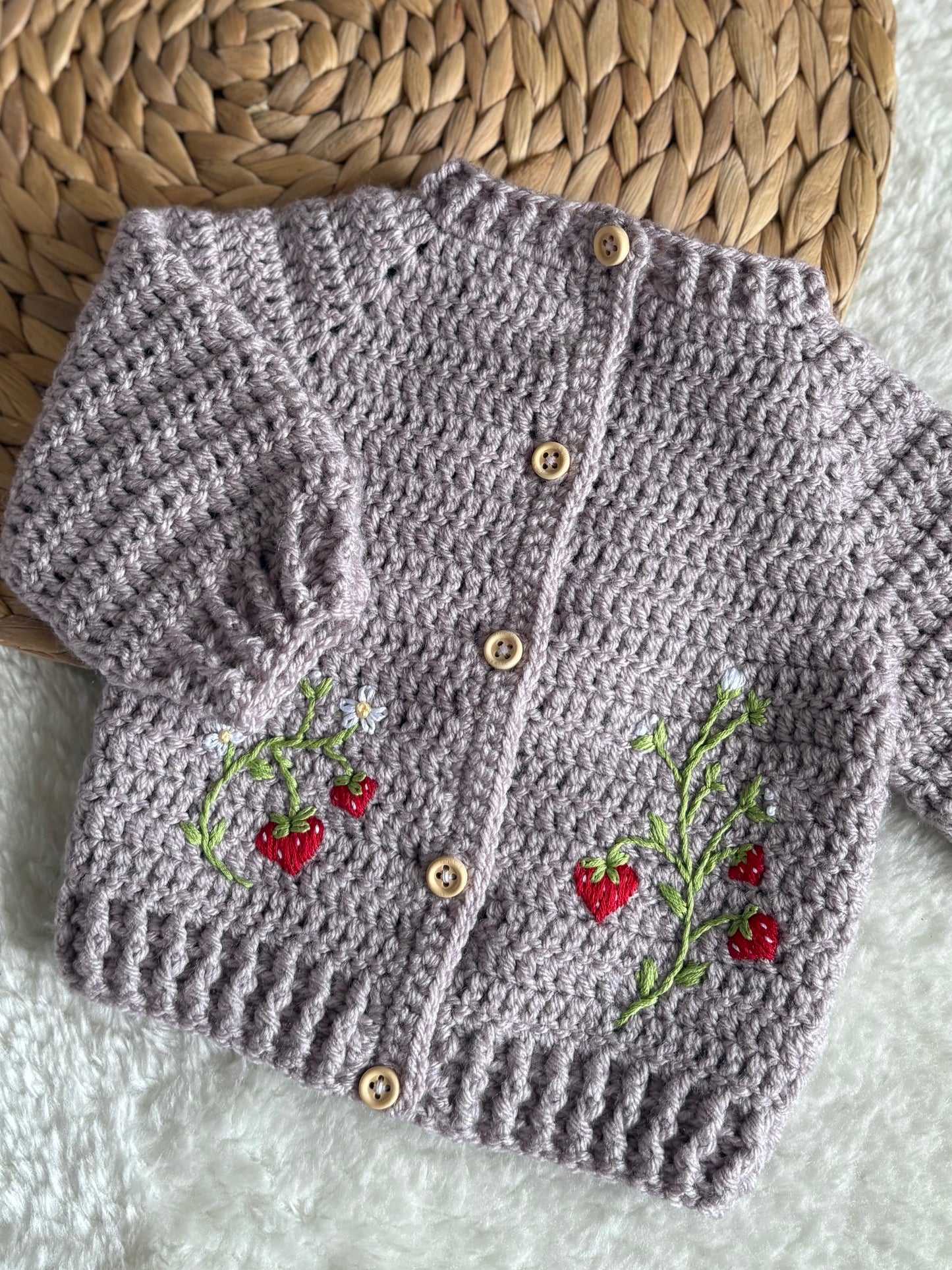 Handmade Crochet Strawberry Fields Embroidered Griege Cardigan