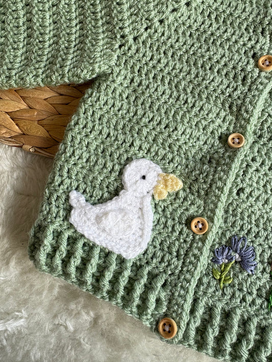 Handmade Crochet Duck and Wildflowers Embroidered Sage Green Cardigan