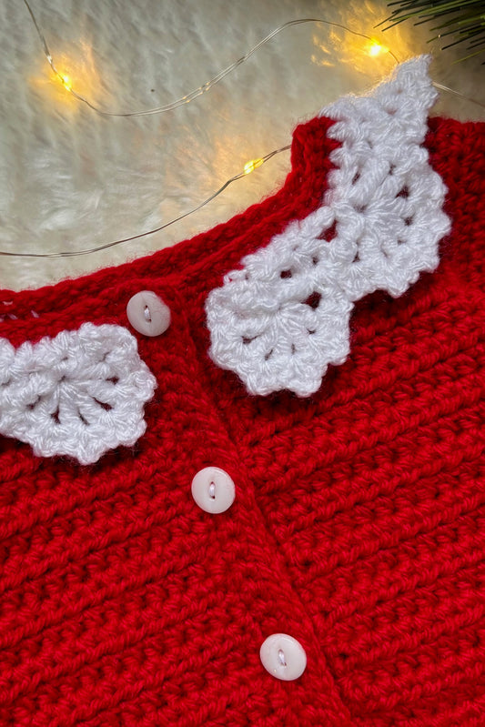 Handmade Crochet Christmas Red Lace Collar Cardigan