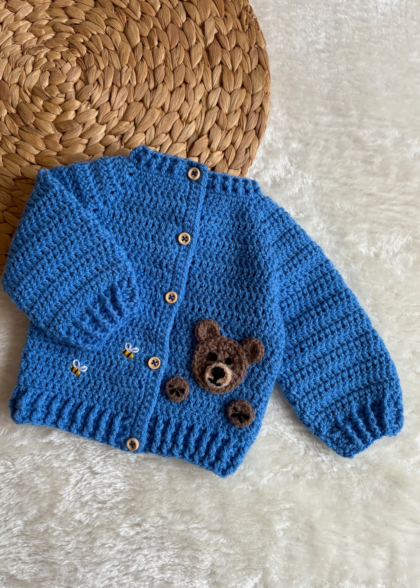 Handmade Crochet Teddy Bear & Bee Embroidered Blue Cardigan
