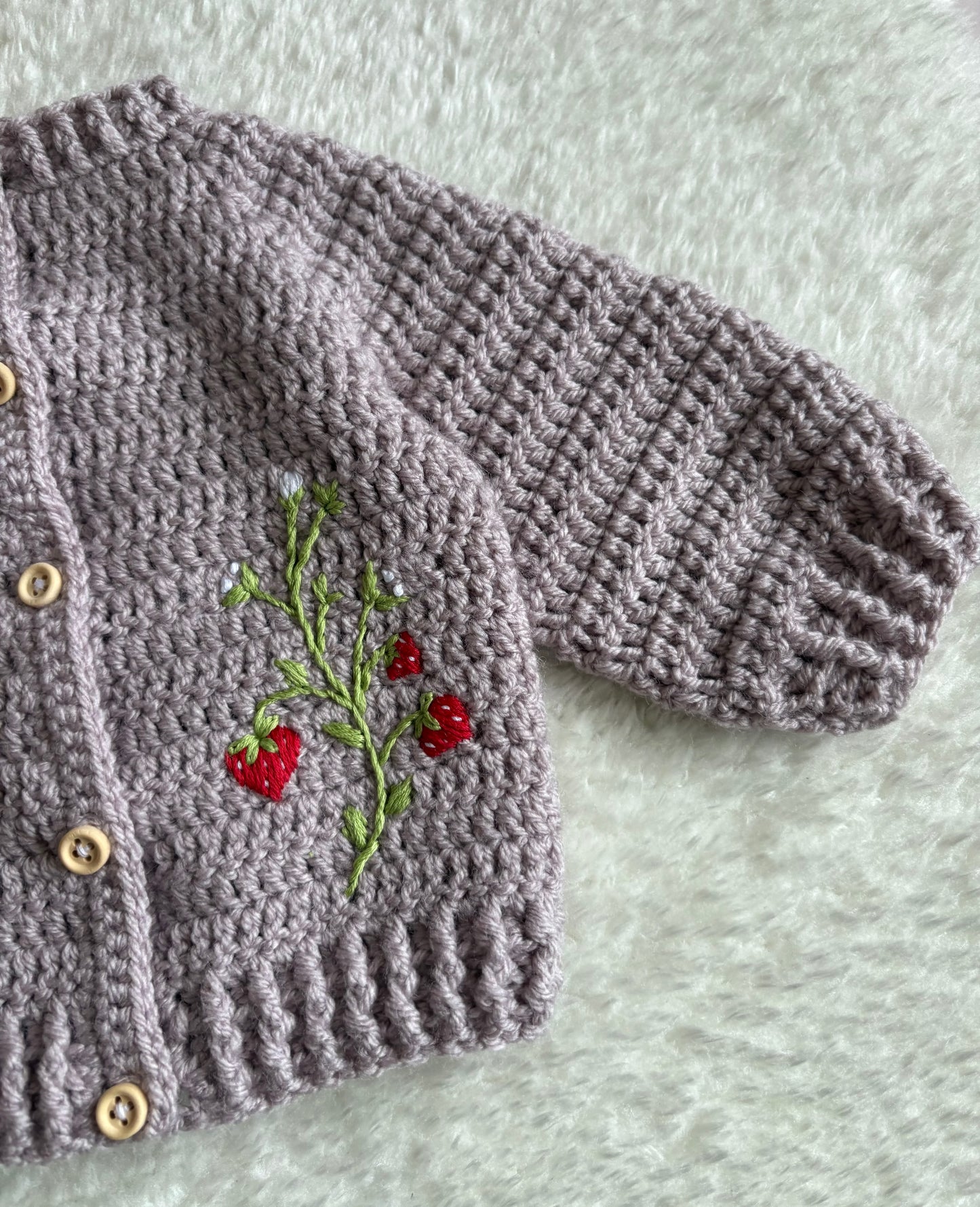 Handmade Crochet Strawberry Fields Embroidered Griege Cardigan