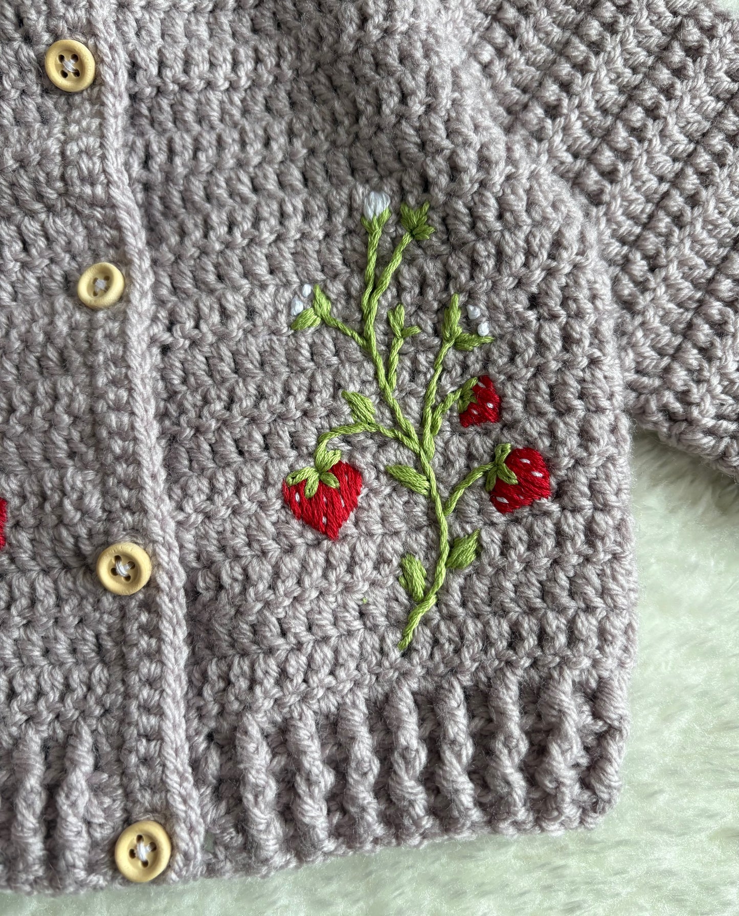 Handmade Crochet Strawberry Fields Embroidered Griege Cardigan