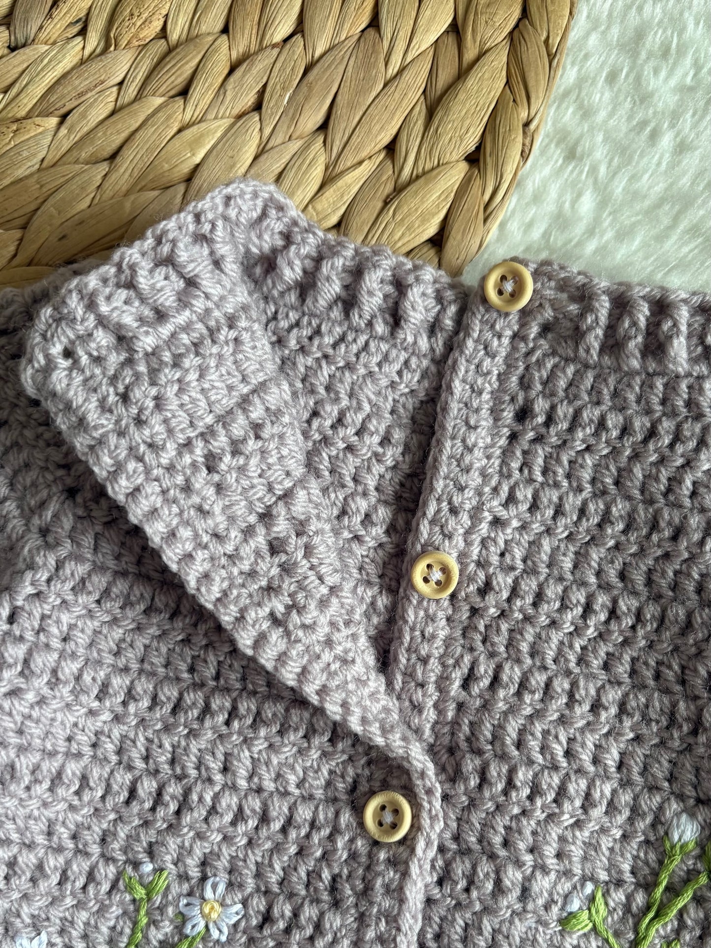 Handmade Crochet Strawberry Fields Embroidered Griege Cardigan