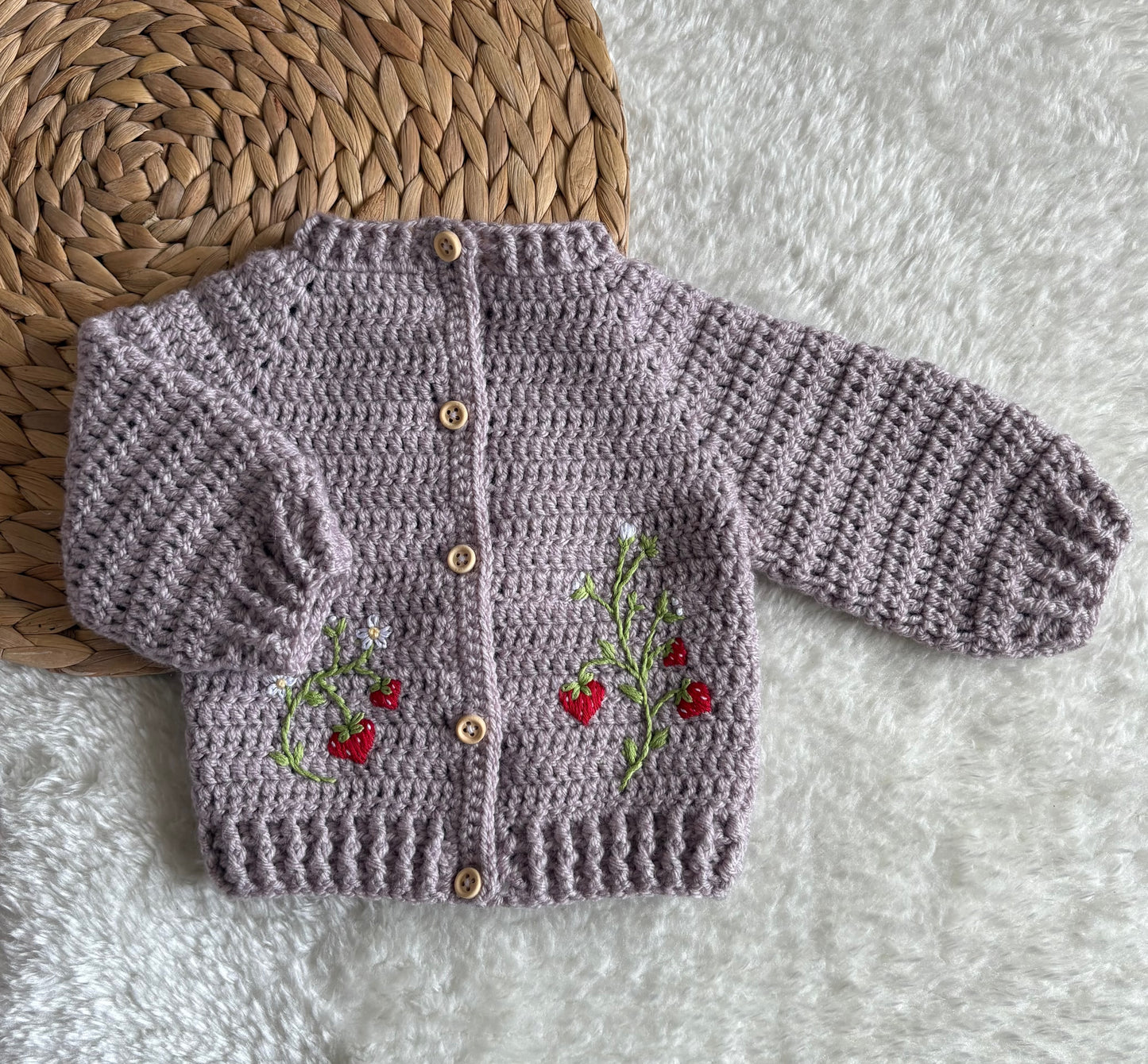 Handmade Crochet Strawberry Fields Embroidered Griege Cardigan