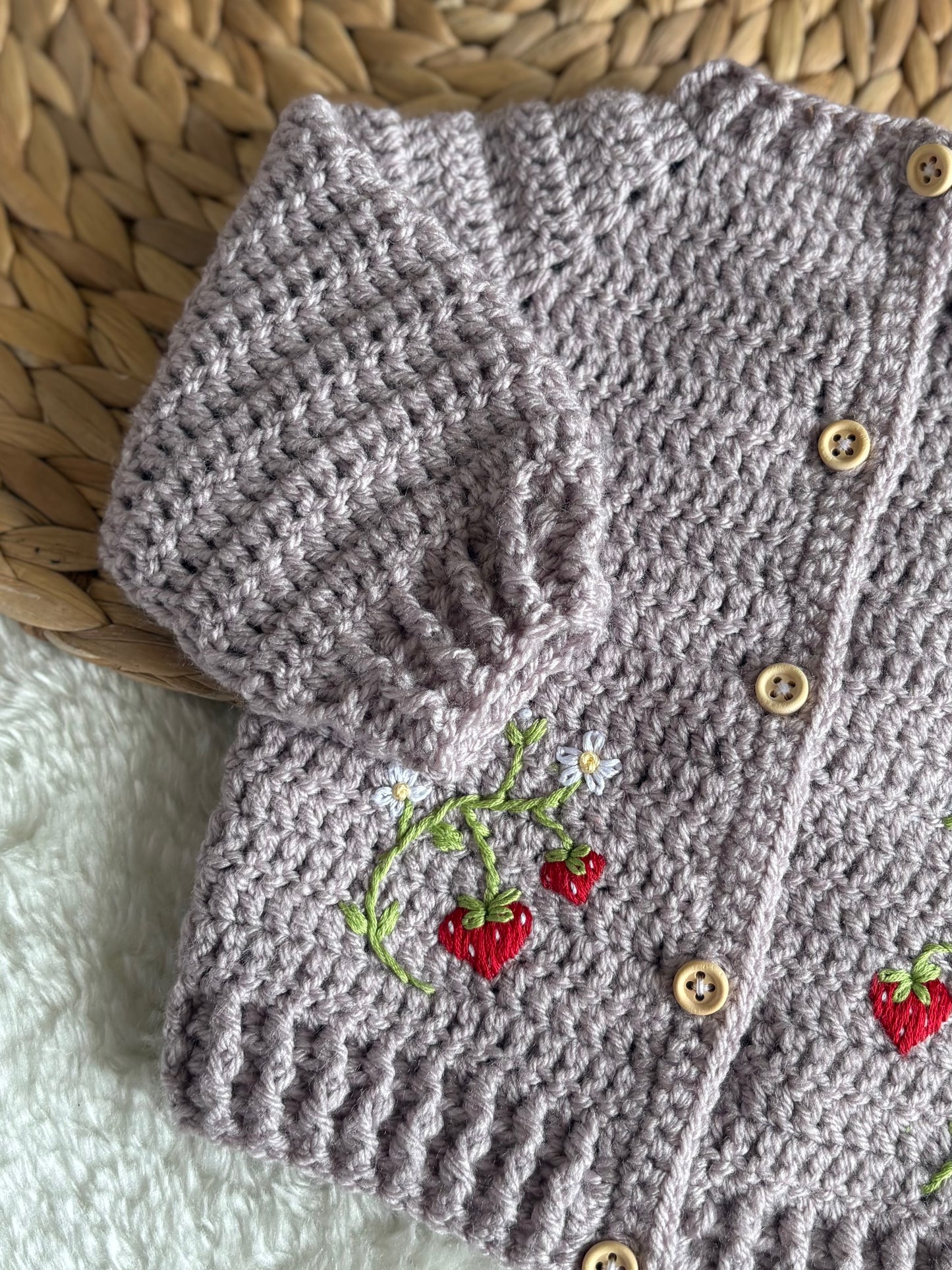 Handmade Crochet Strawberry Fields Embroidered Griege Cardigan