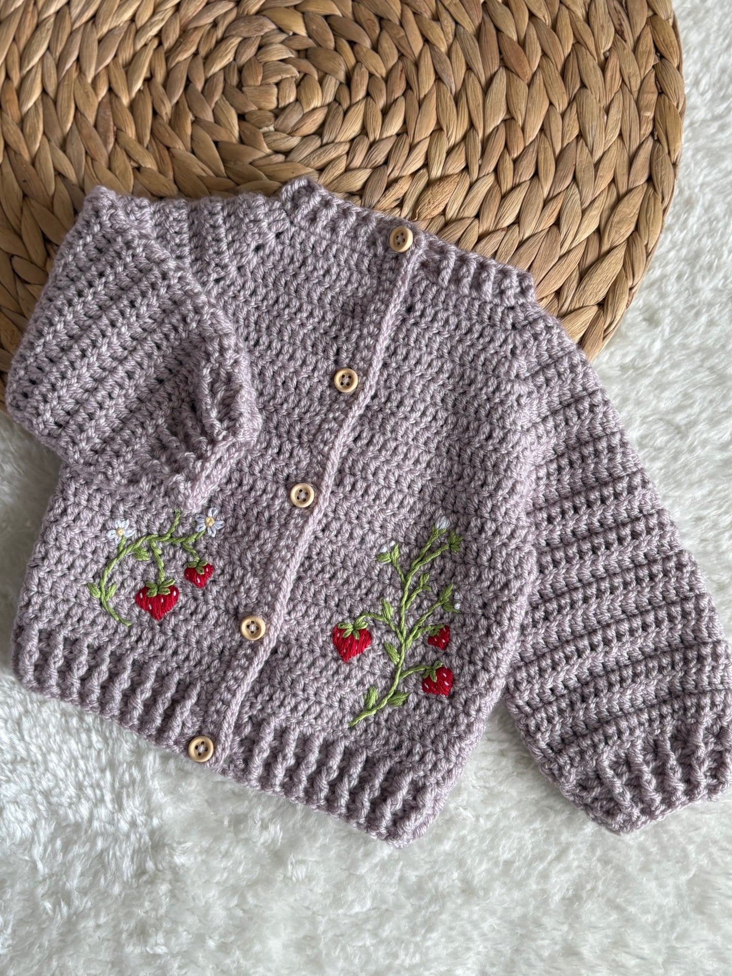Handmade Crochet Strawberry Fields Embroidered Griege Cardigan