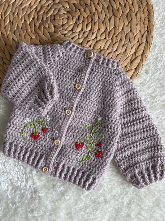 Handmade Crochet Strawberry Fields Embroidered Griege Cardigan