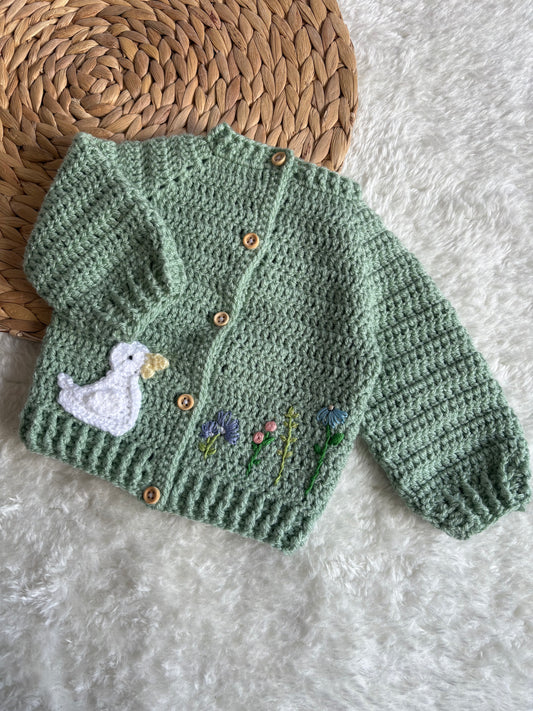 Handmade Crochet Duck and Wildflowers Embroidered Sage Green Cardigan