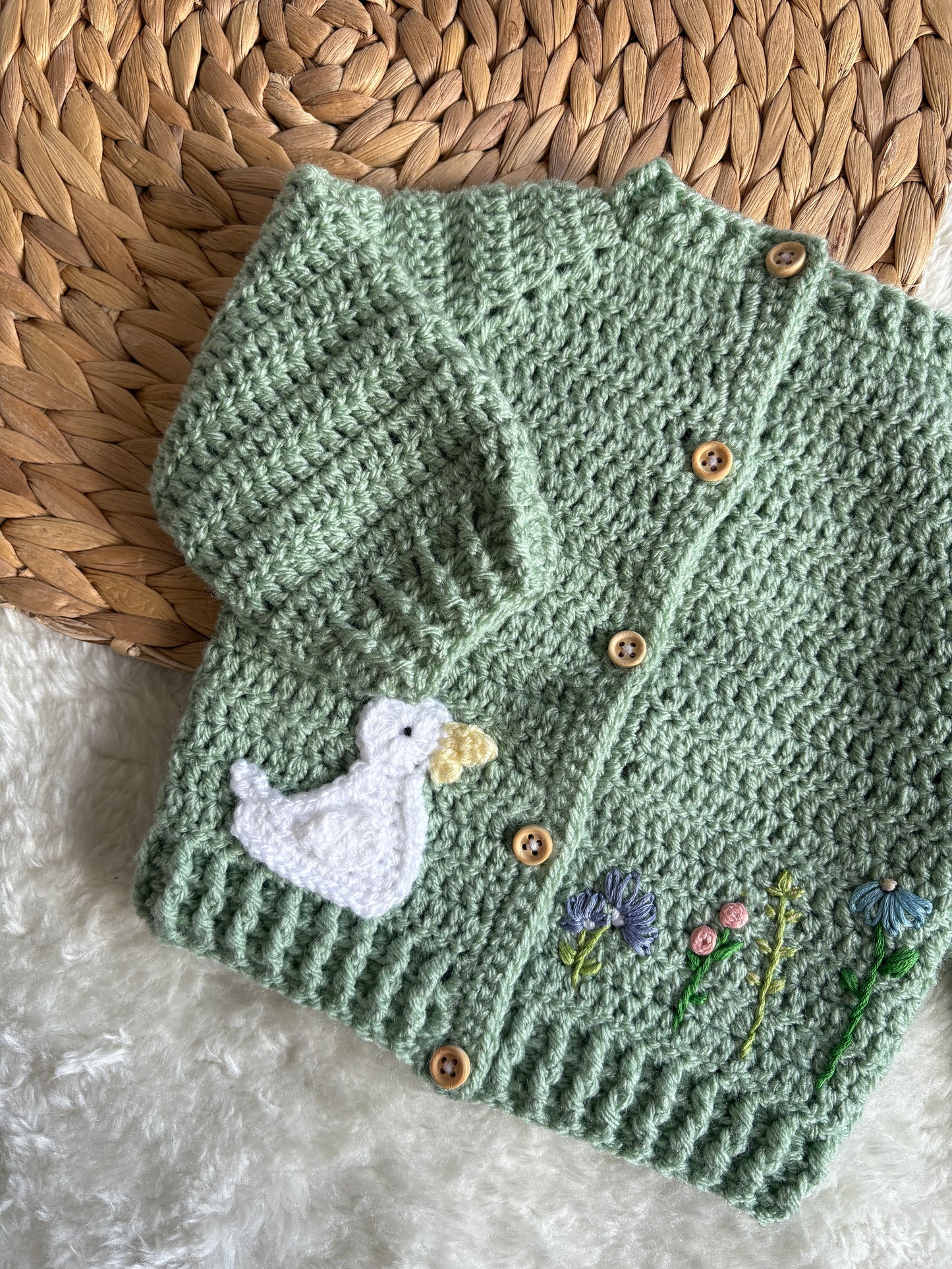 Handmade Crochet Duck and Wildflowers Embroidered Sage Green Cardigan