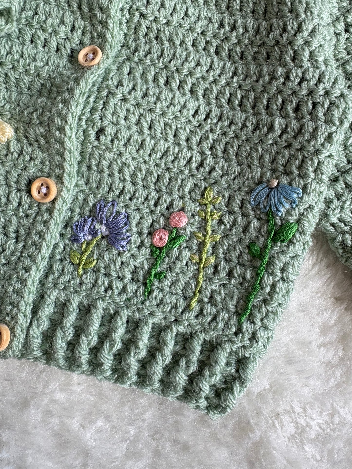 Handmade Crochet Duck and Wildflowers Embroidered Sage Green Cardigan