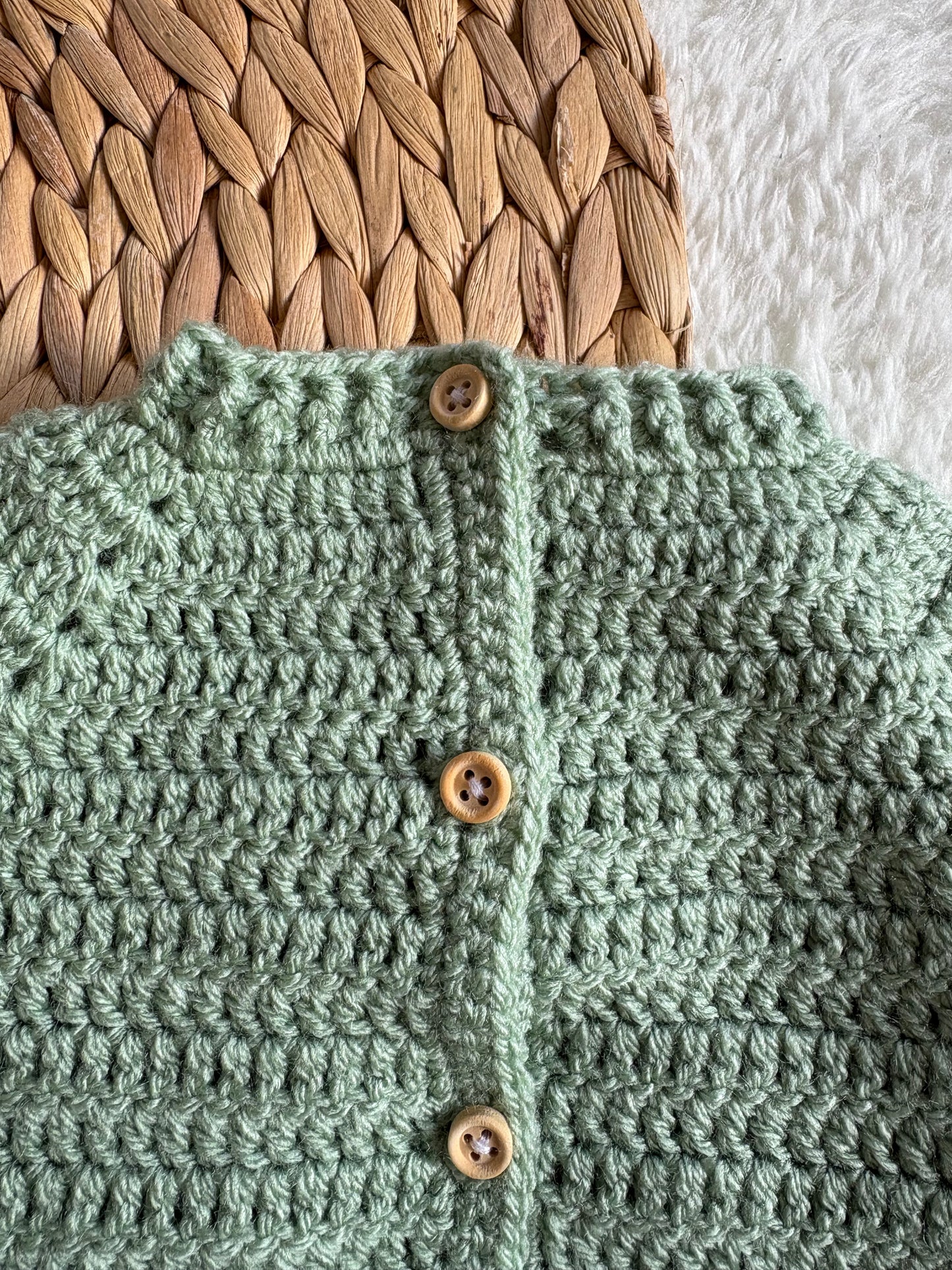 Handmade Crochet Duck and Wildflowers Embroidered Sage Green Cardigan