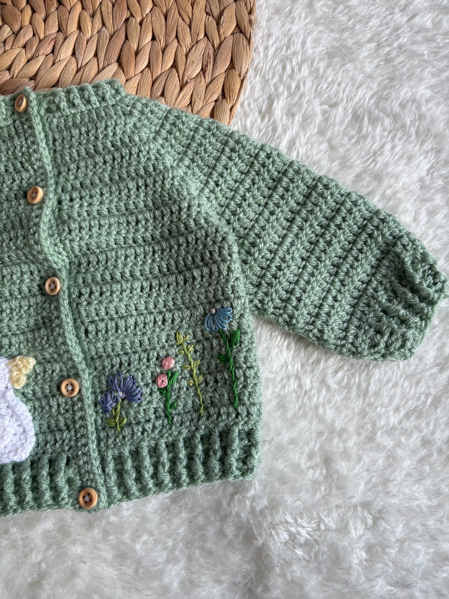 Handmade Crochet Duck and Wildflowers Embroidered Sage Green Cardigan