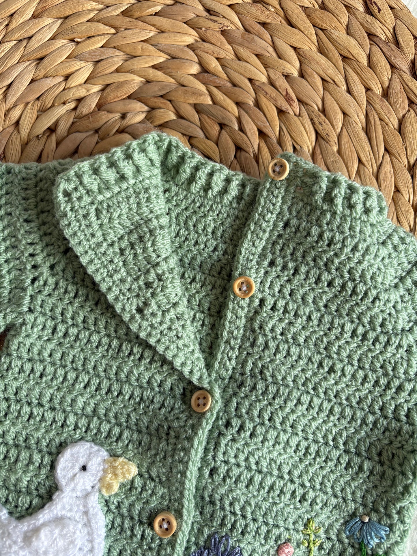 Handmade Crochet Duck and Wildflowers Embroidered Sage Green Cardigan