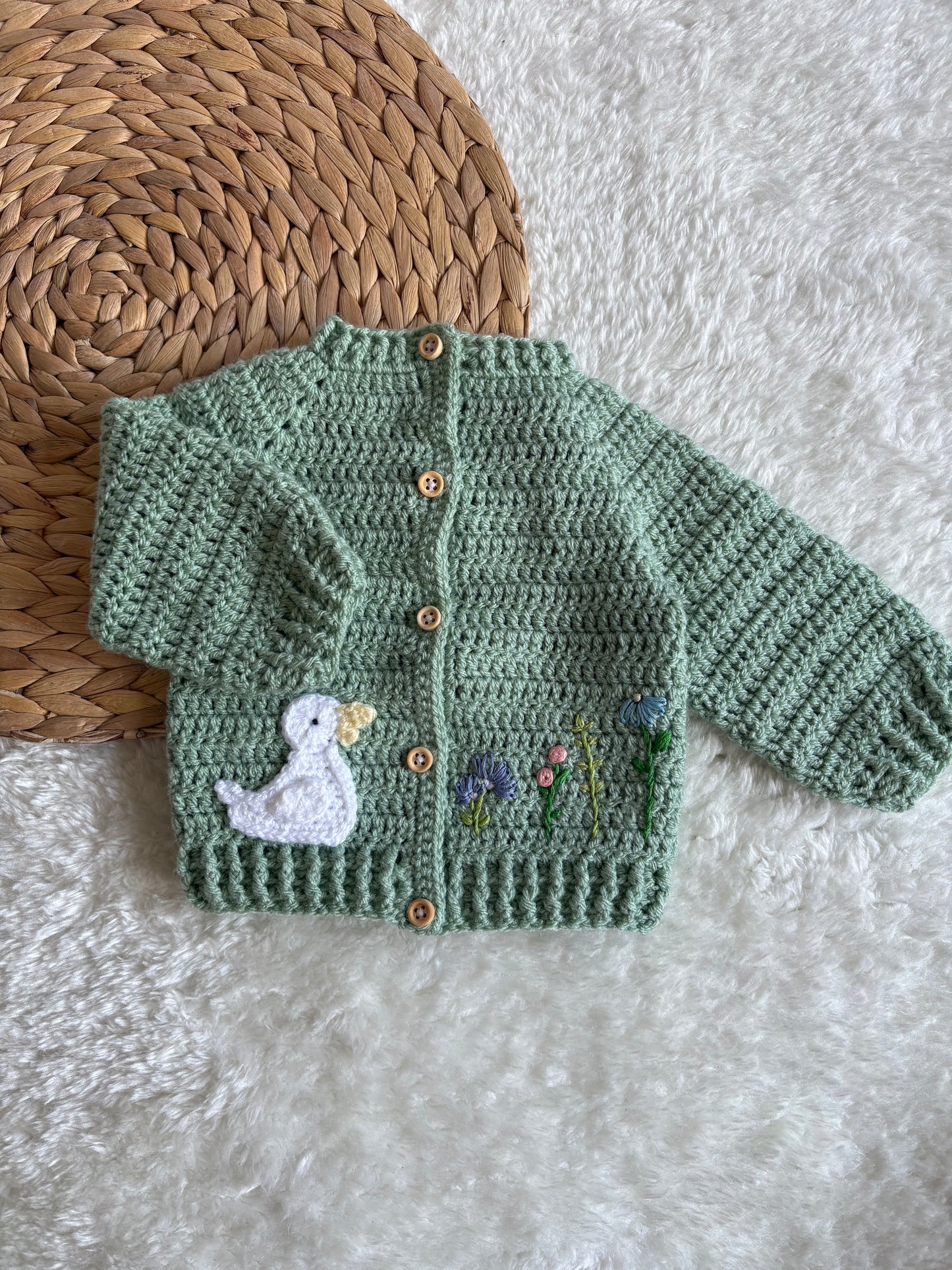 Handmade Crochet Duck and Wildflowers Embroidered Sage Green Cardigan