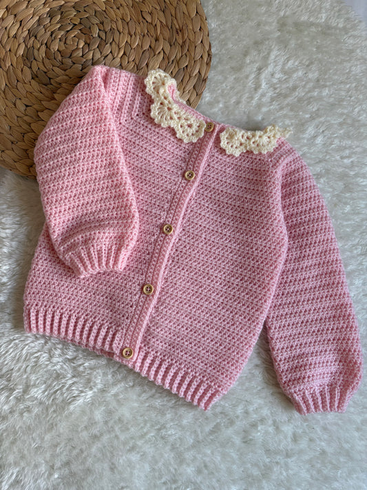 Handmade Crochet Princess Pink Lace Collar Cardigan