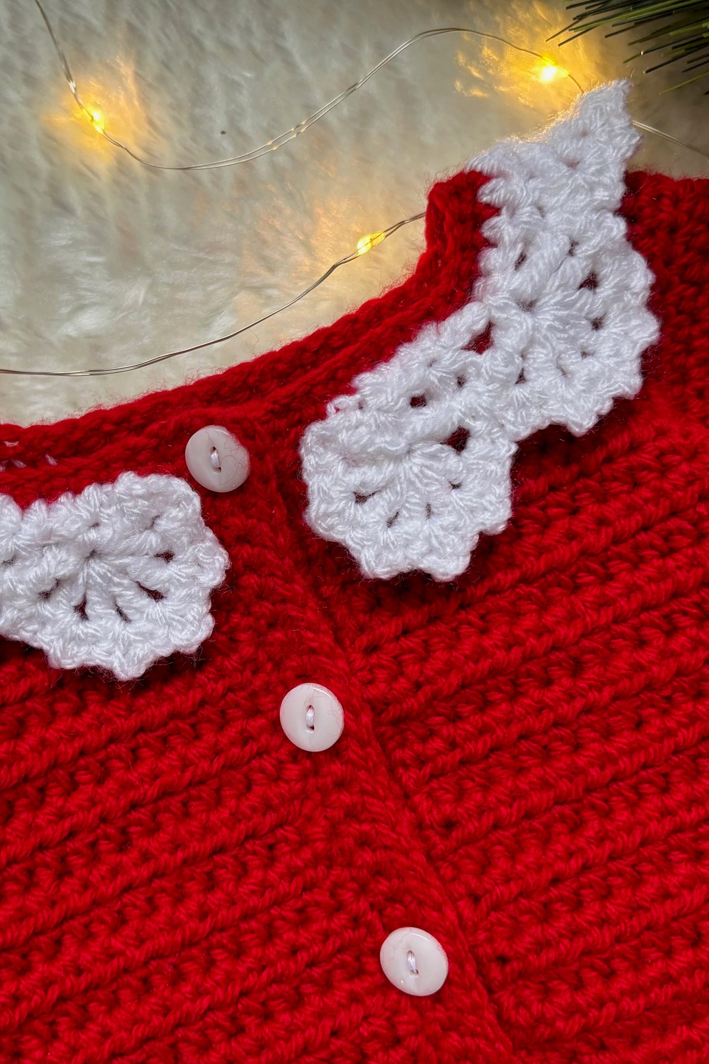 Handmade Crochet Christmas Red Lace Collar Cardigan