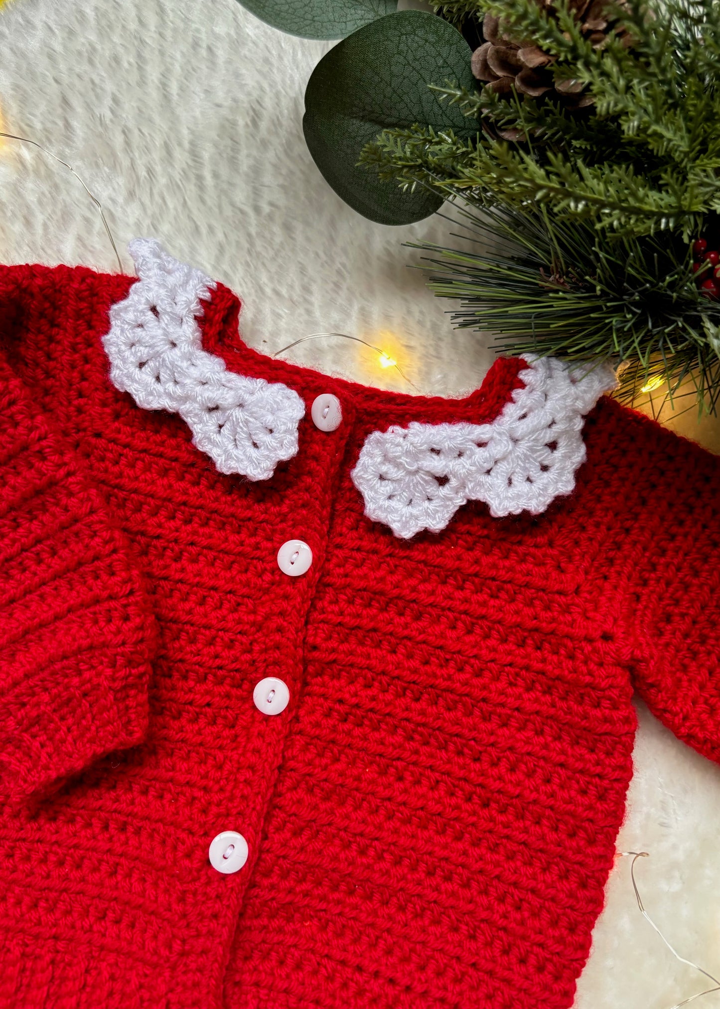 Handmade Crochet Christmas Red Lace Collar Cardigan