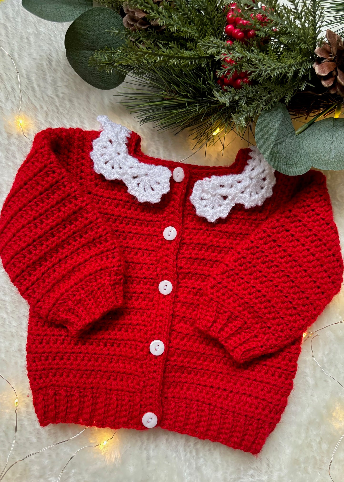 Handmade Crochet Christmas Red Lace Collar Cardigan