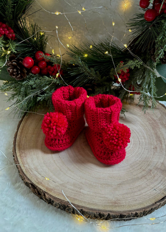 Handmade Crochet Christmas Red Pompom Baby Booties