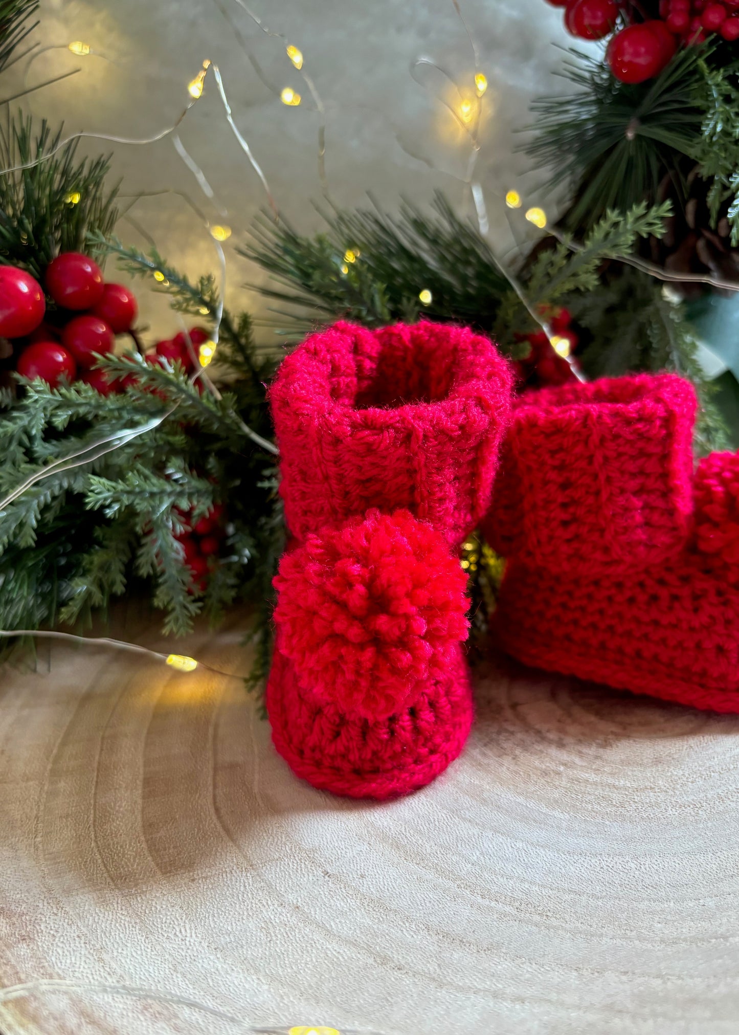 Handmade Crochet Christmas Red Pompom Baby Booties
