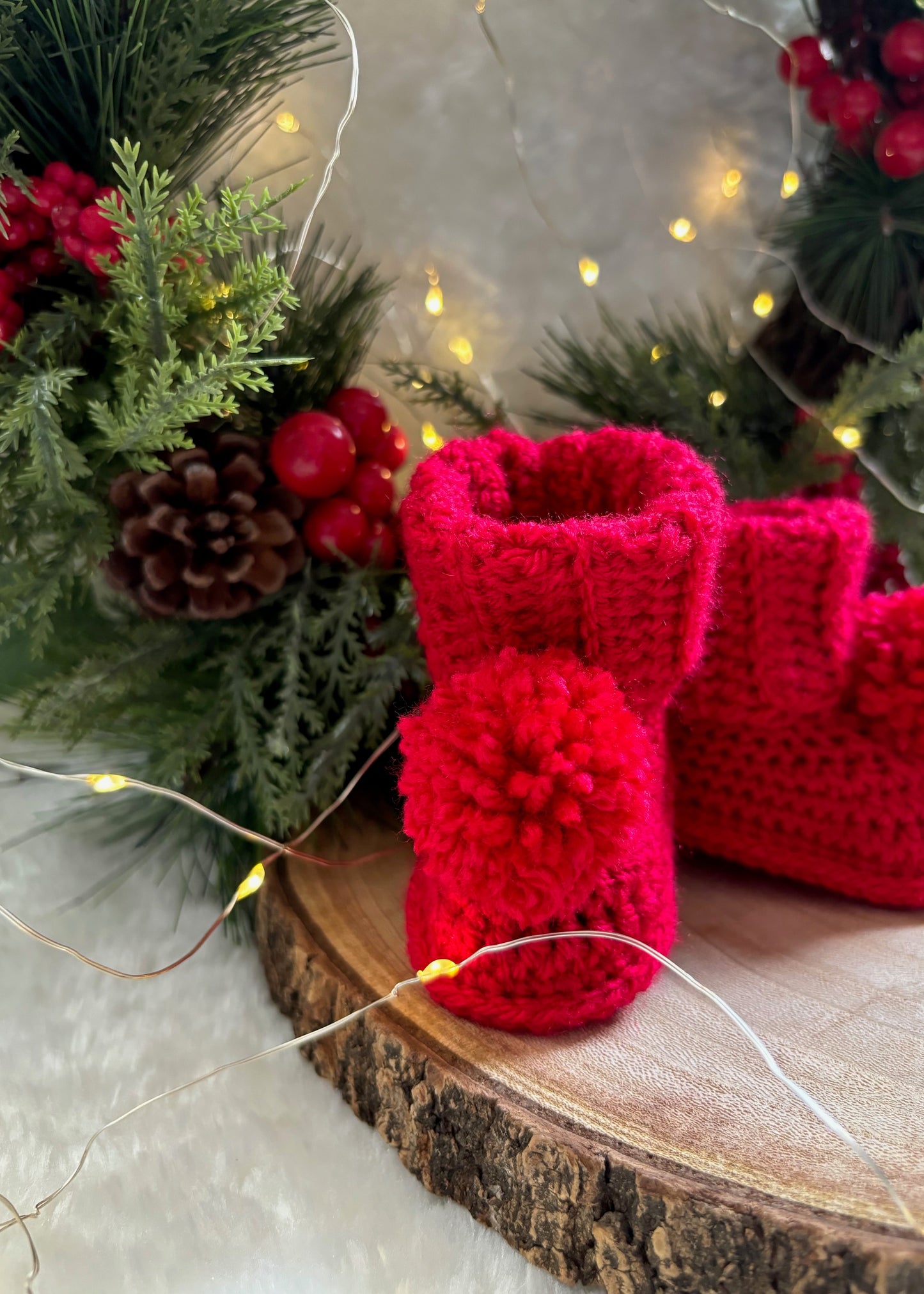 Handmade Crochet Christmas Red Pompom Baby Booties