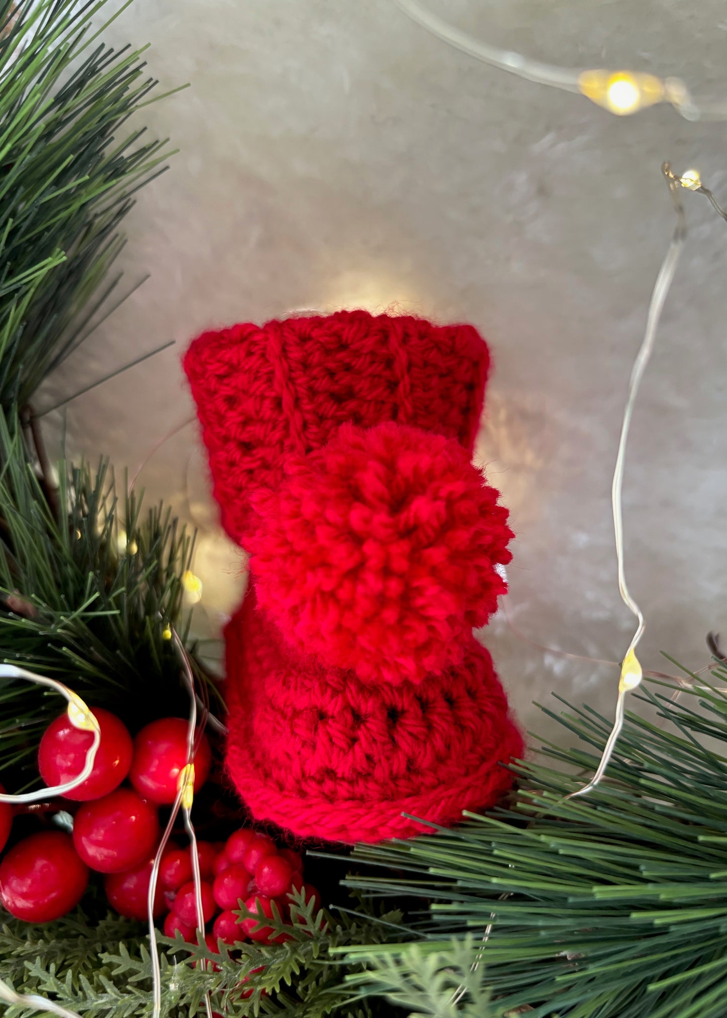 Handmade Crochet Christmas Red Pompom Baby Booties