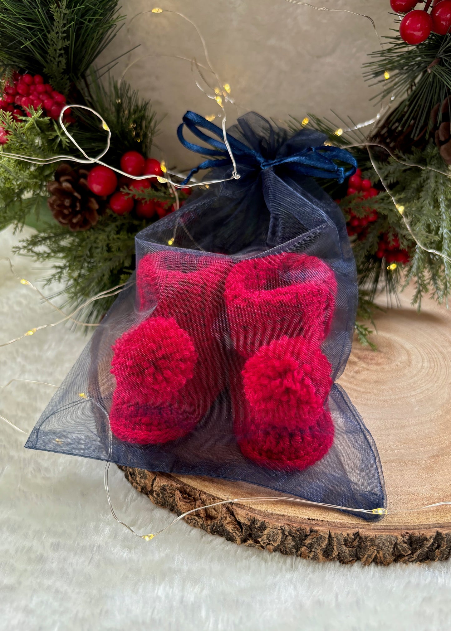 Handmade Crochet Christmas Red Pompom Baby Booties