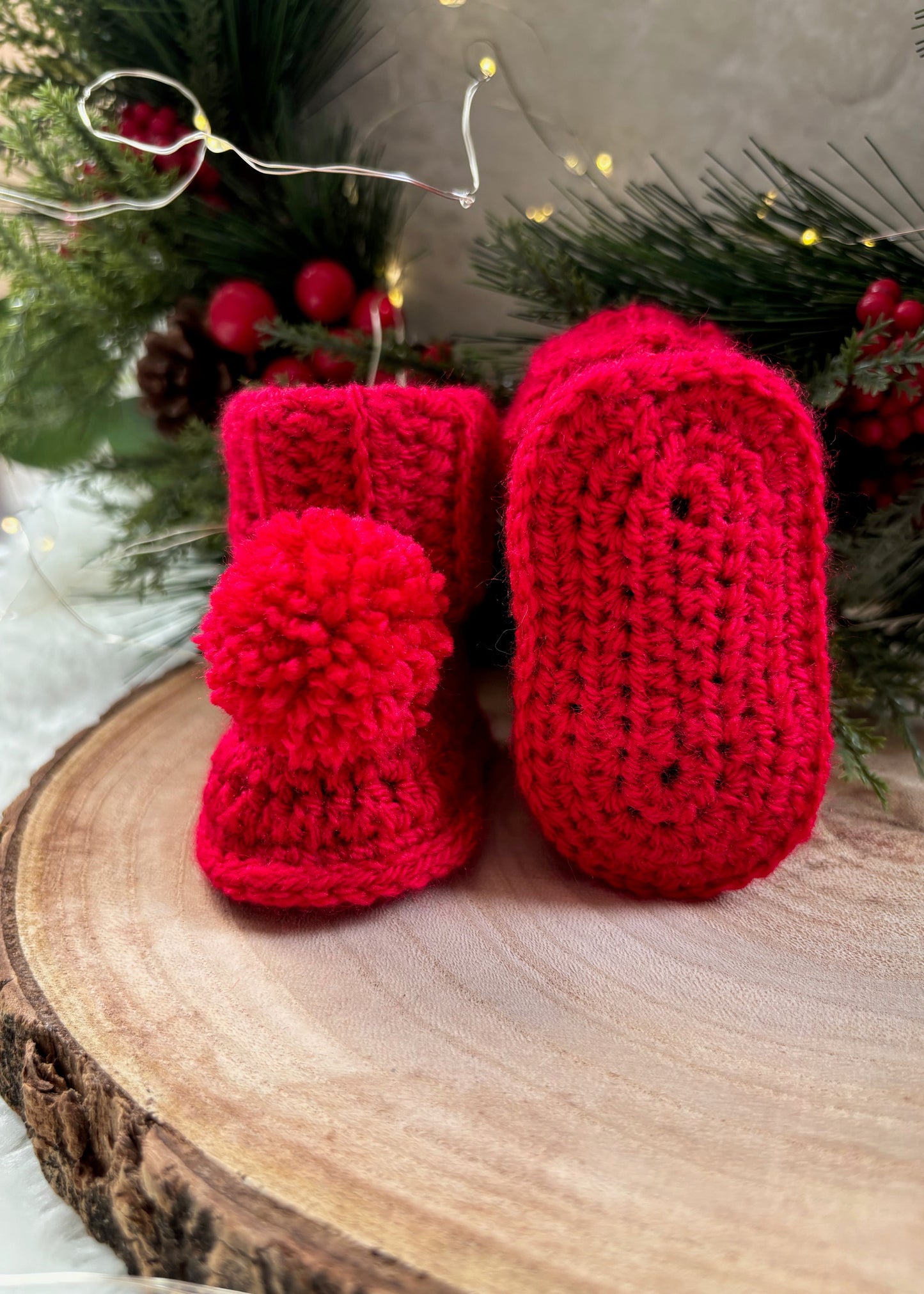 Handmade Crochet Christmas Red Pompom Baby Booties