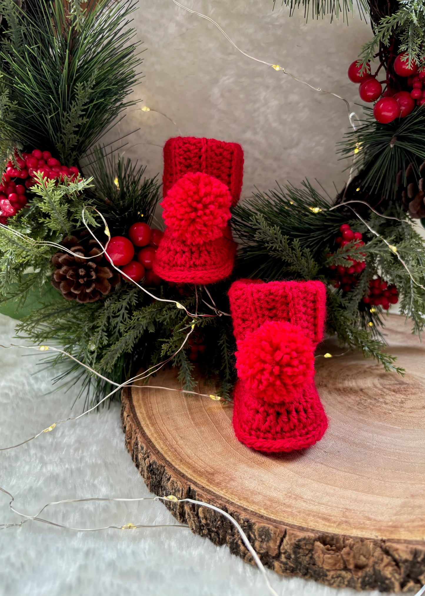 Handmade Crochet Christmas Red Pompom Baby Booties
