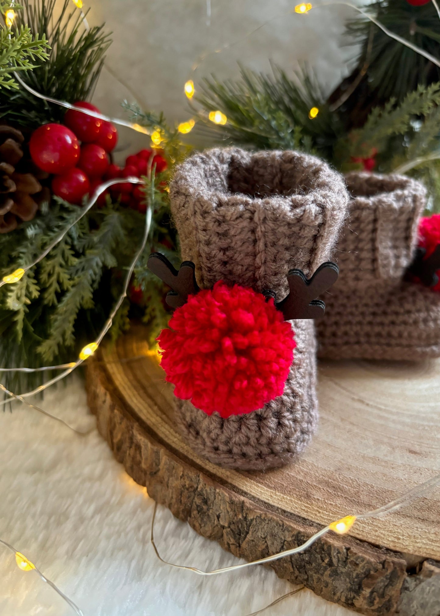 Handmade Crochet Reindeer Pompom Baby Booties