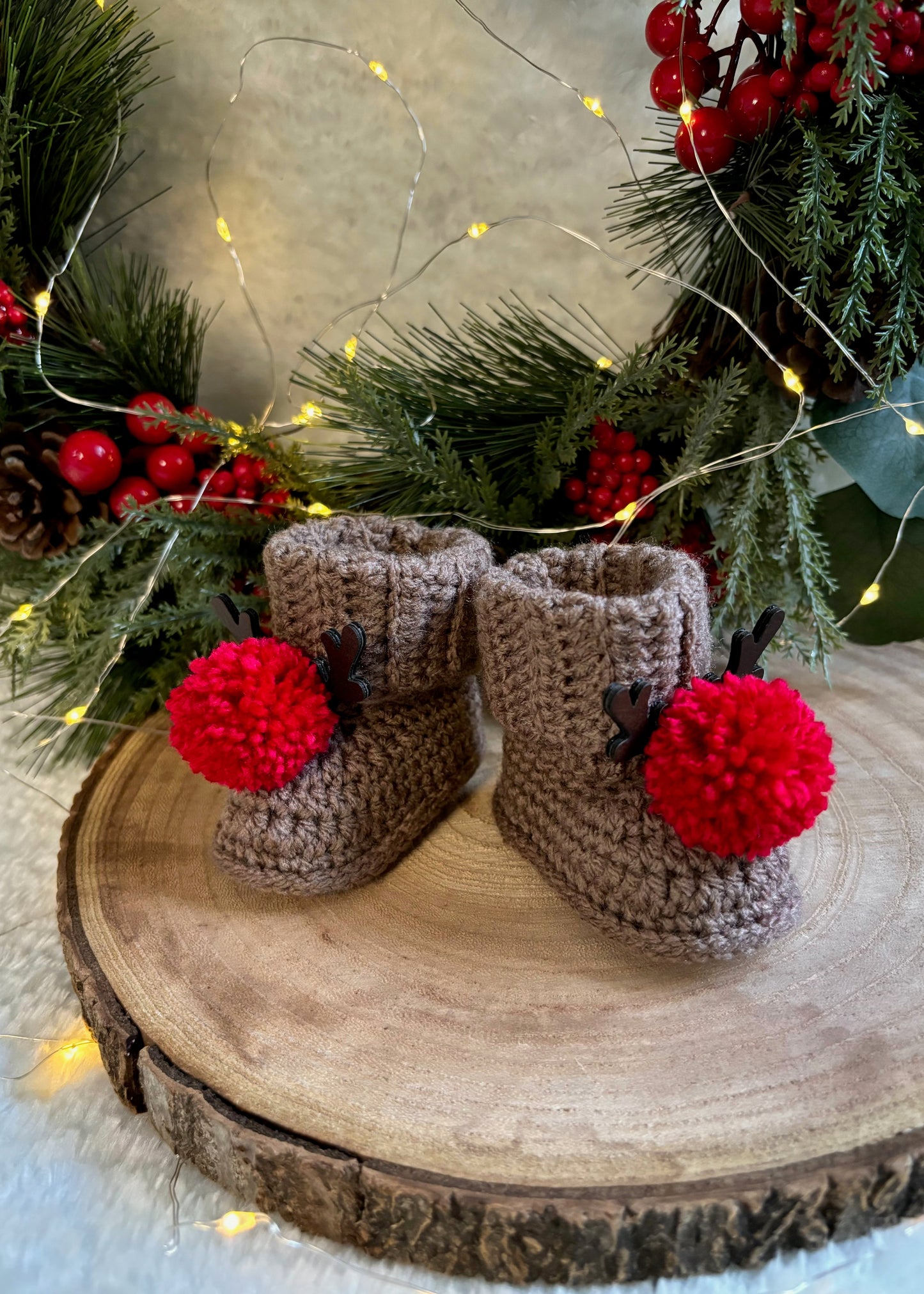 Handmade Crochet Reindeer Pompom Baby Booties