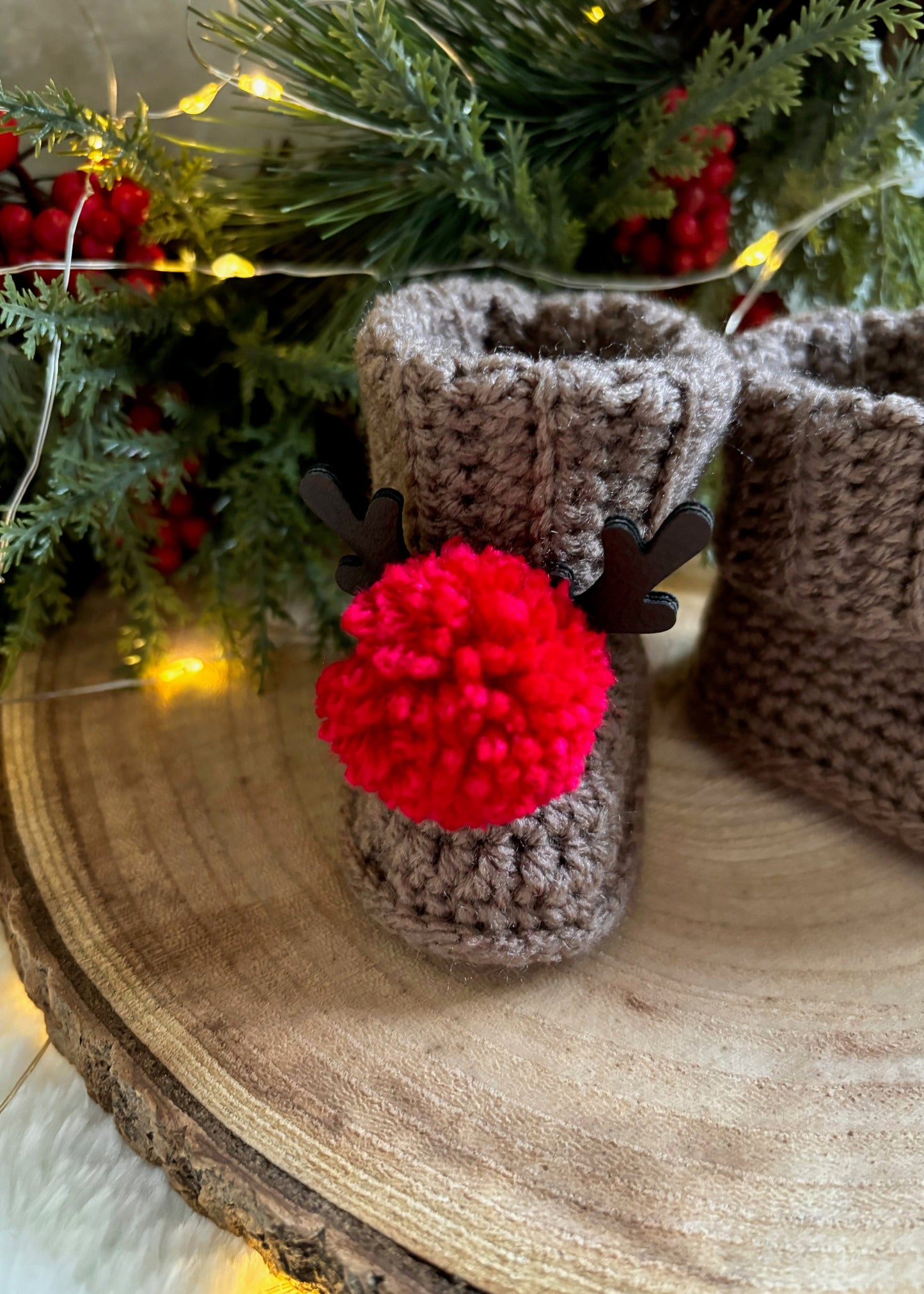 Handmade Crochet Reindeer Pompom Baby Booties