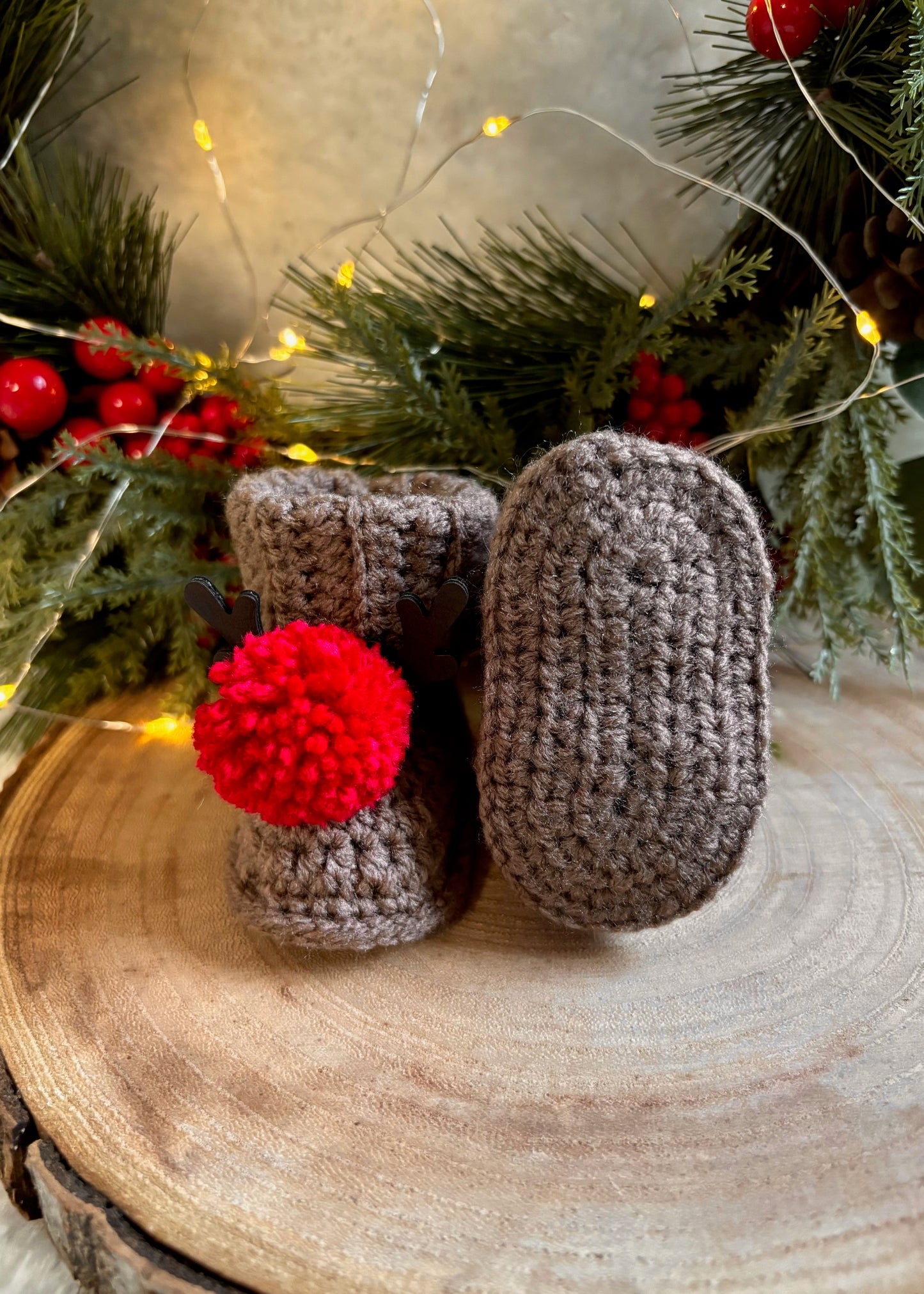 Handmade Crochet Reindeer Pompom Baby Booties