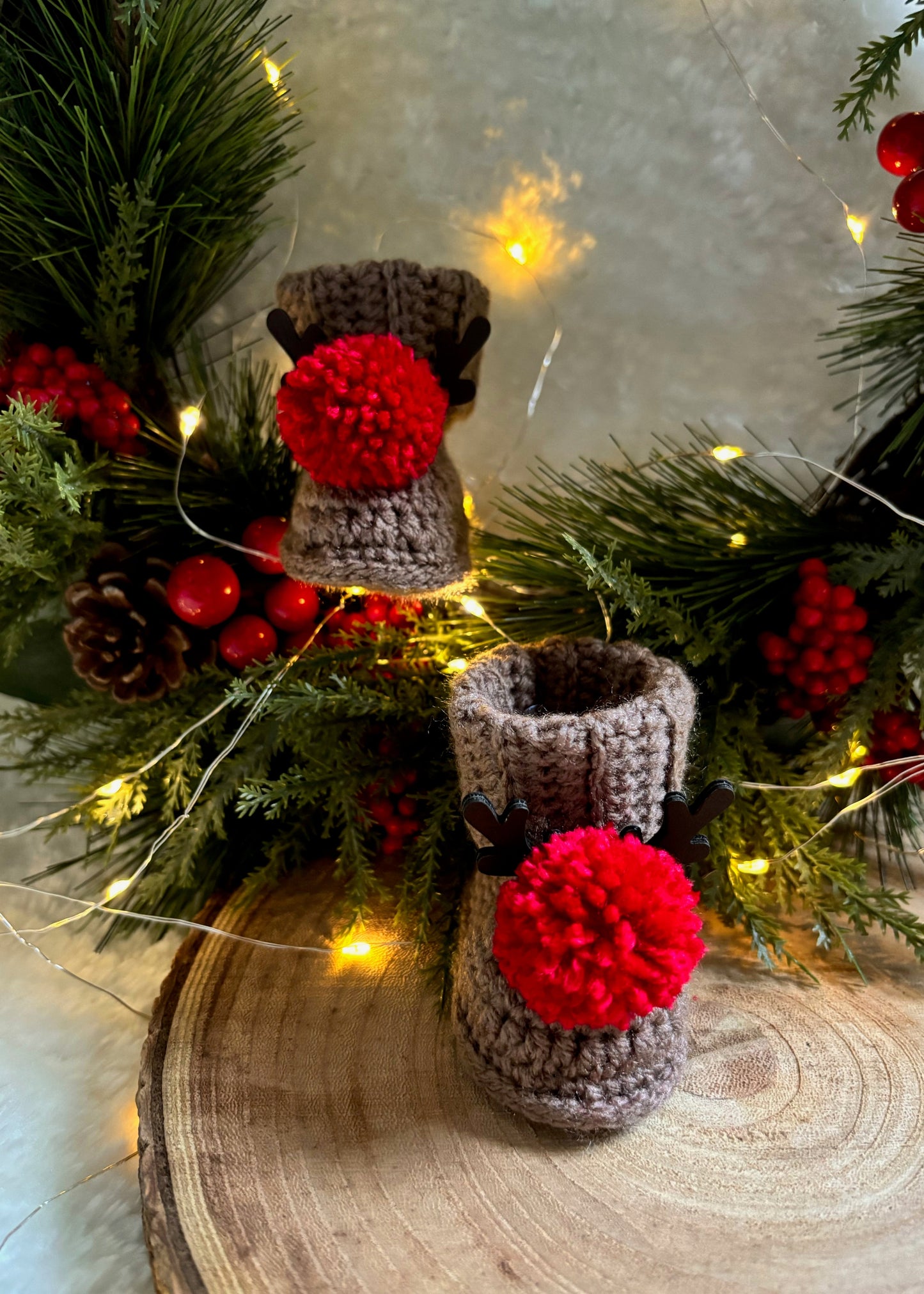 Handmade Crochet Reindeer Pompom Baby Booties