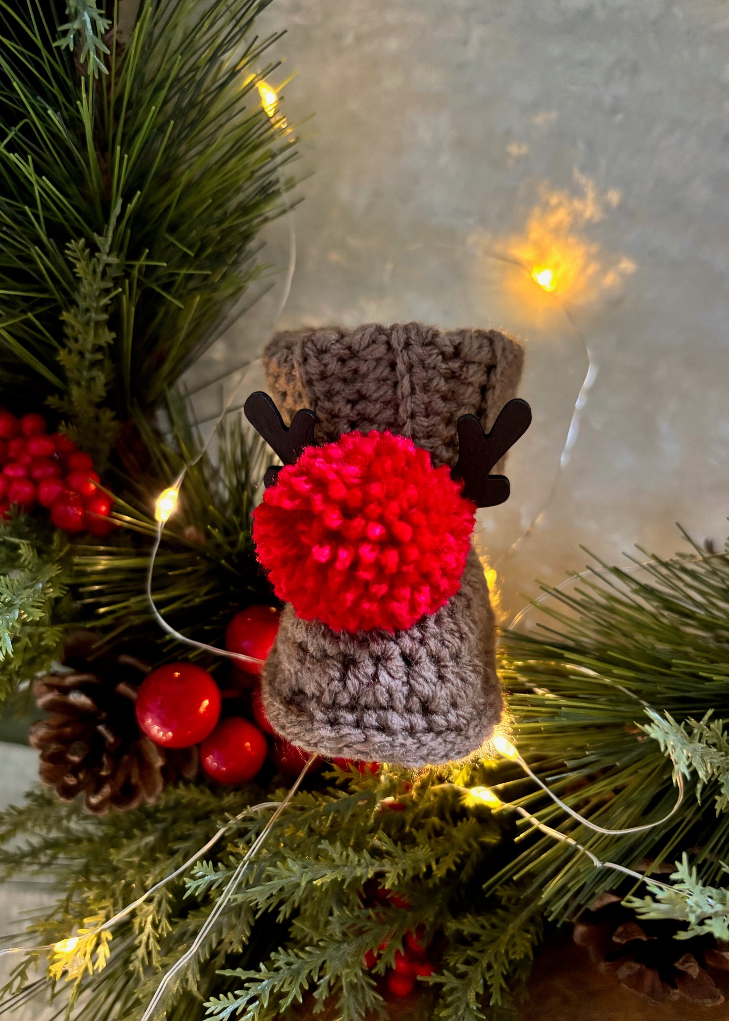 Handmade Crochet Reindeer Pompom Baby Booties