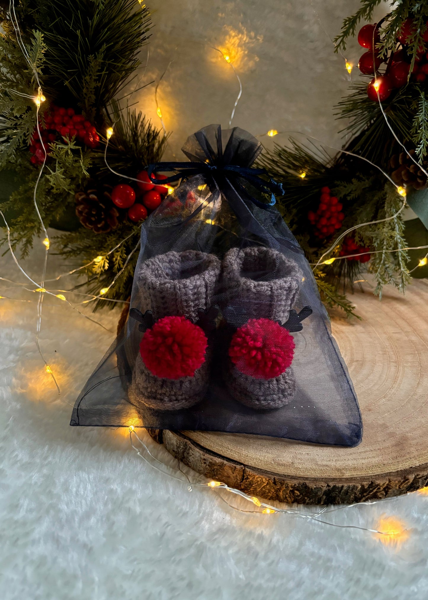 Handmade Crochet Reindeer Pompom Baby Booties