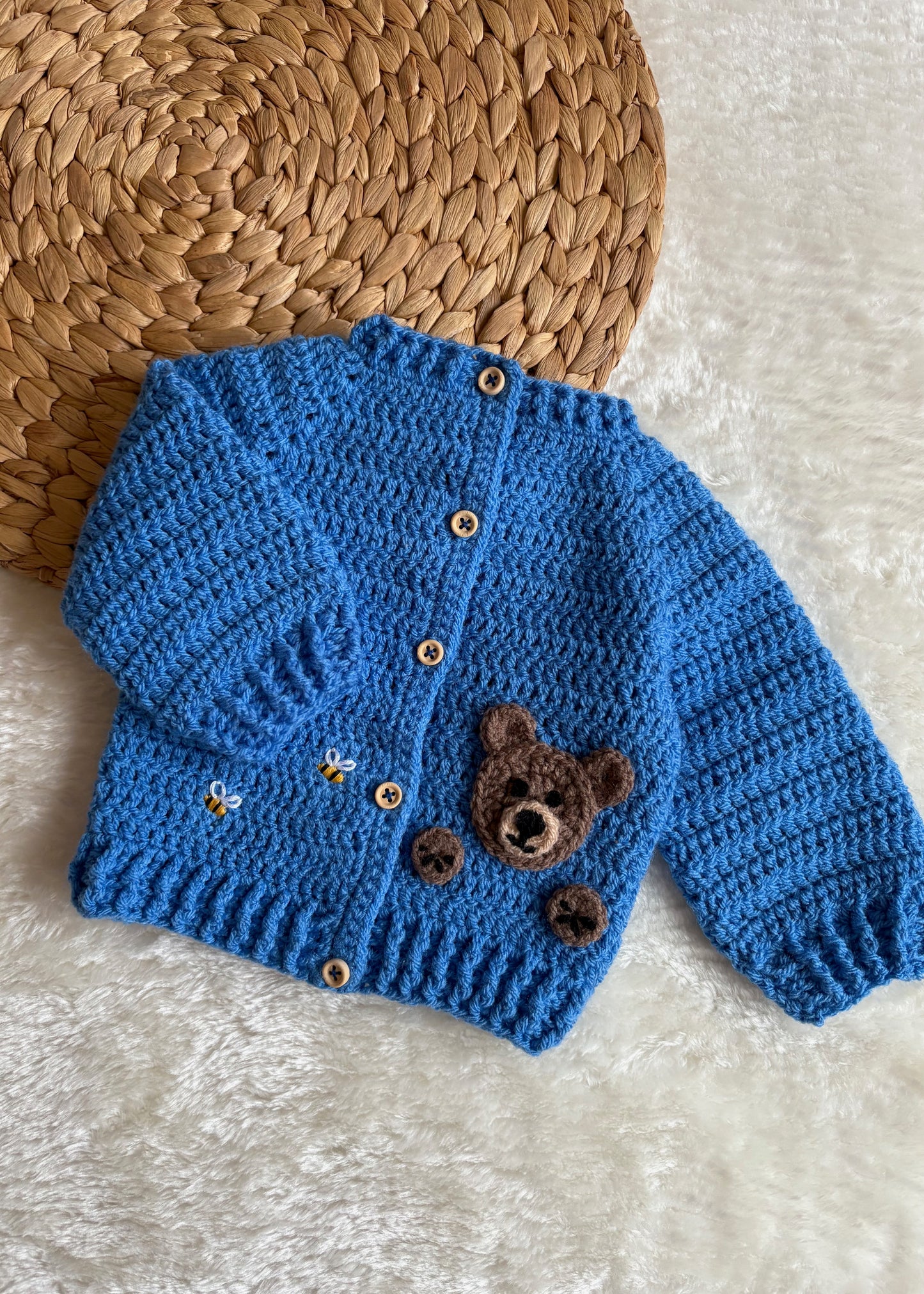 Handmade Crochet Teddy Bear & Bee Embroidered Blue Cardigan