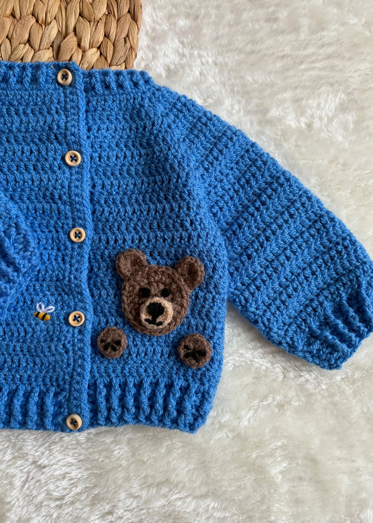 Handmade Crochet Teddy Bear & Bee Embroidered Blue Cardigan