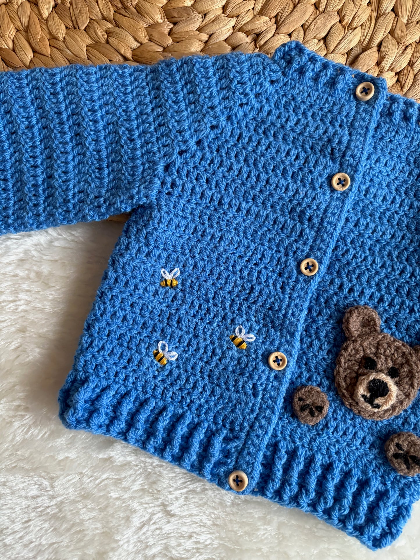 Handmade Crochet Teddy Bear & Bee Embroidered Blue Cardigan