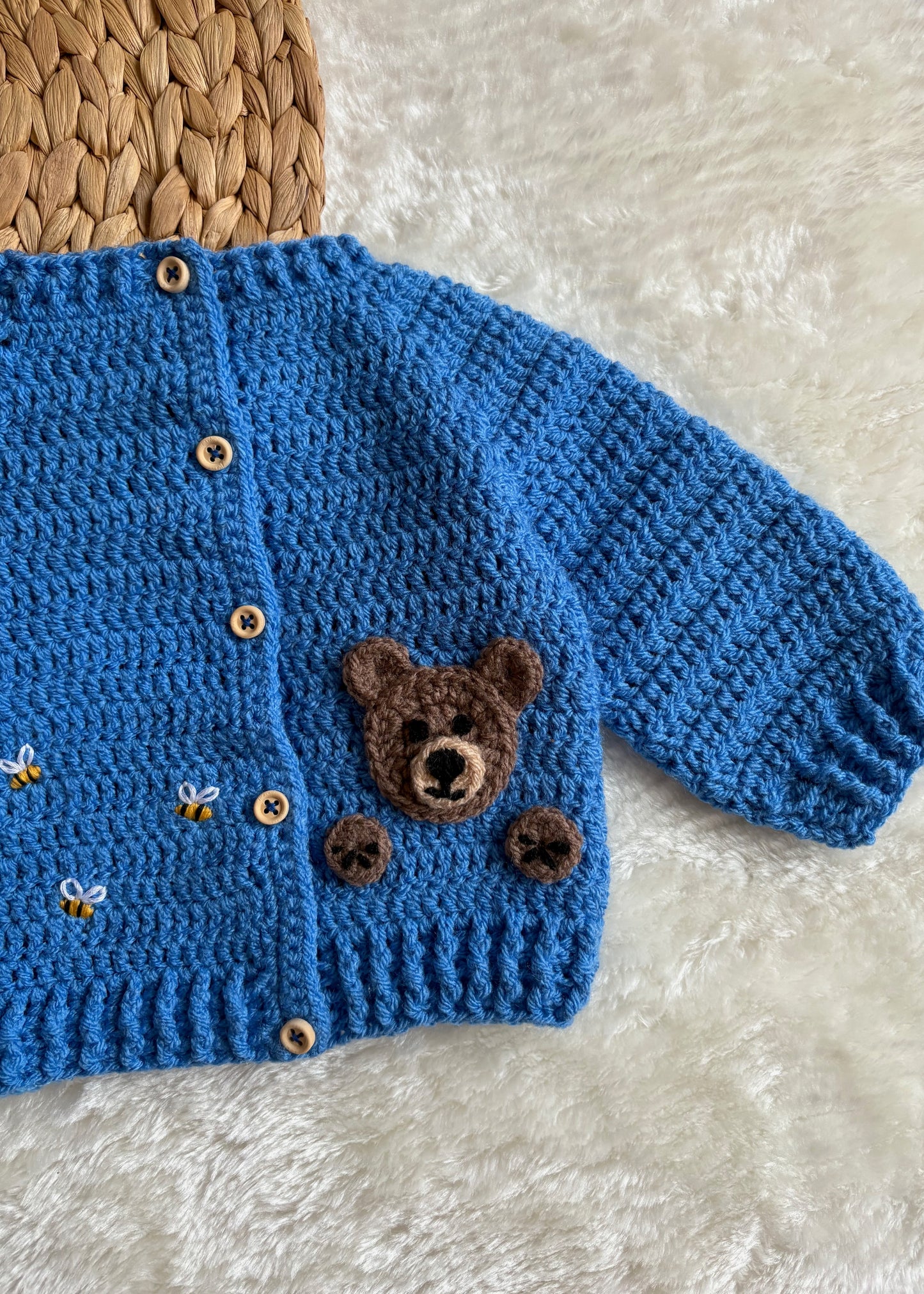 Handmade Crochet Teddy Bear & Bee Embroidered Blue Cardigan