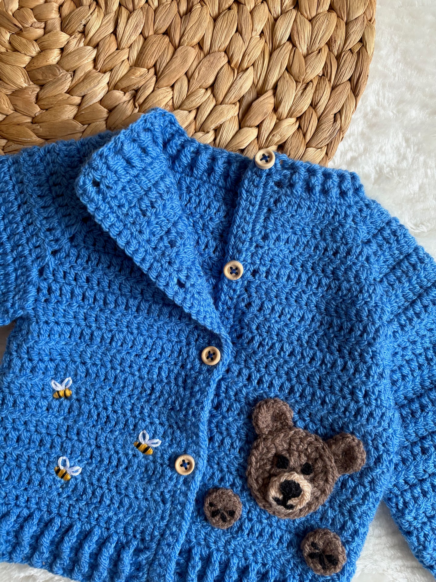 Handmade Crochet Teddy Bear & Bee Embroidered Blue Cardigan