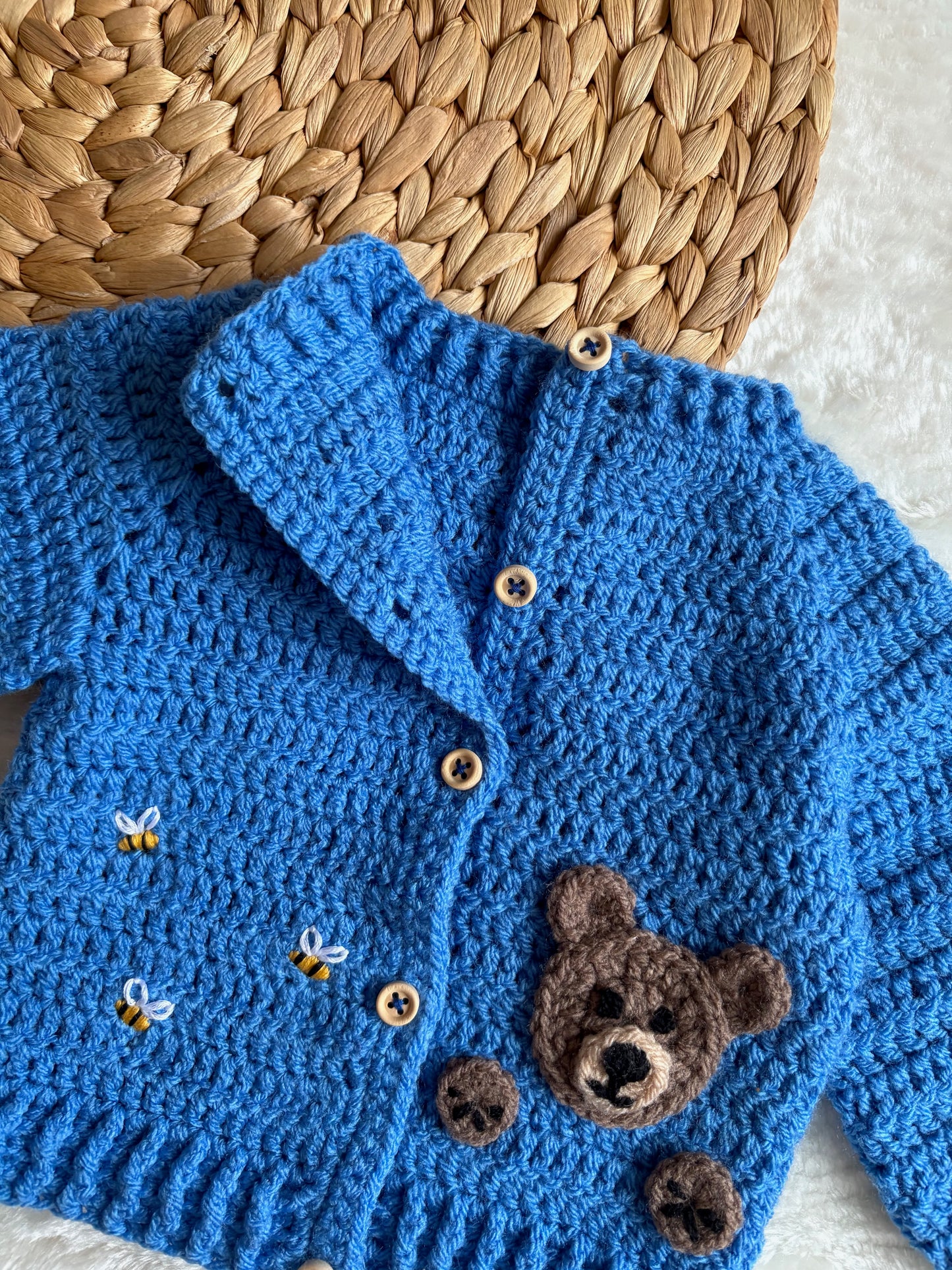 Handmade Crochet Teddy Bear & Bee Embroidered Blue Cardigan