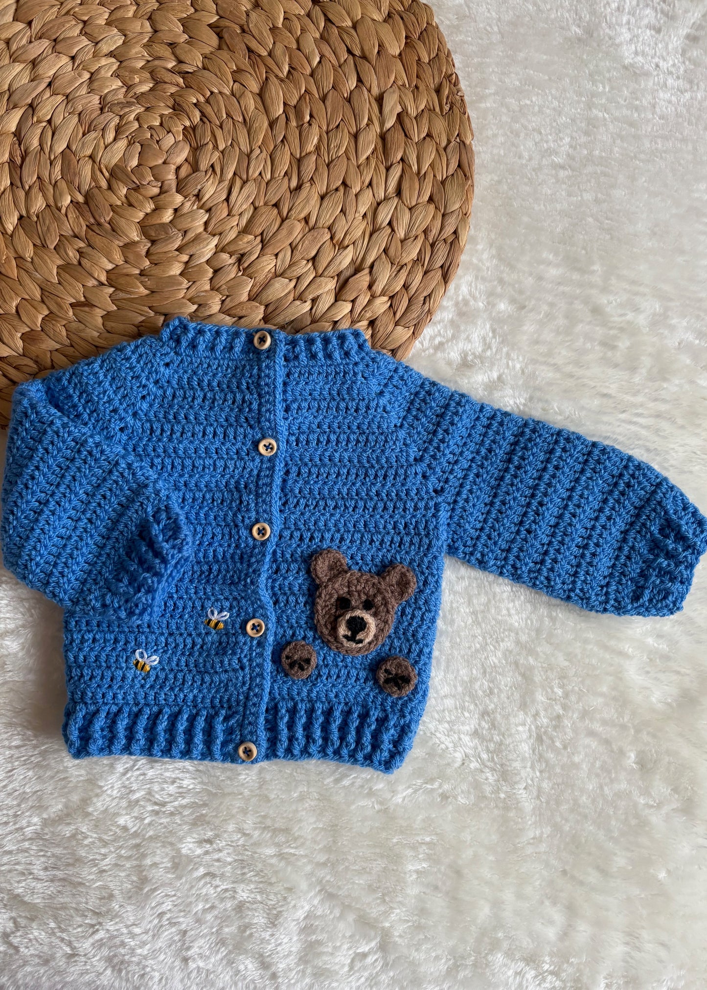 Handmade Crochet Teddy Bear & Bee Embroidered Blue Cardigan