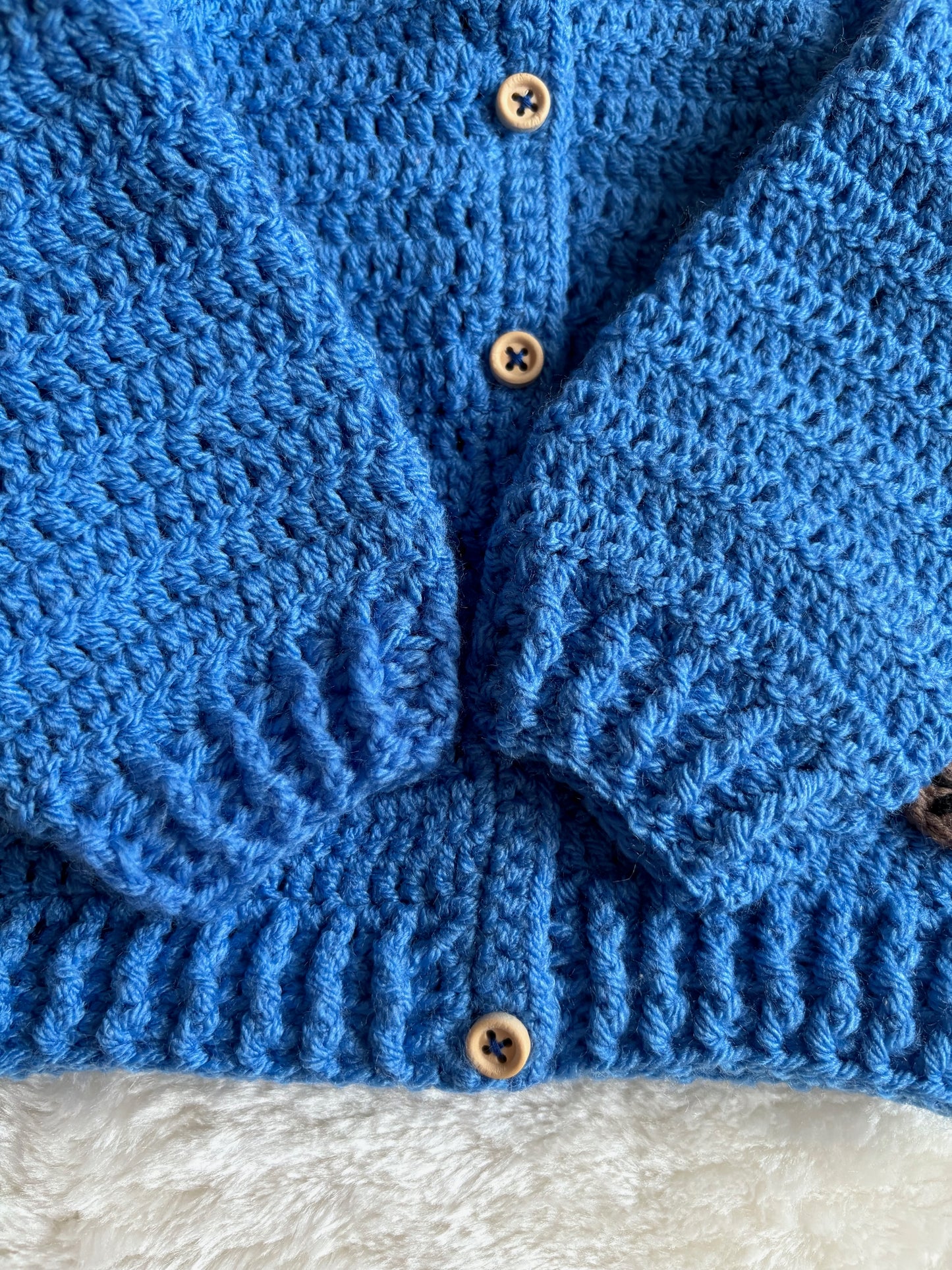 Handmade Crochet Teddy Bear & Bee Embroidered Blue Cardigan