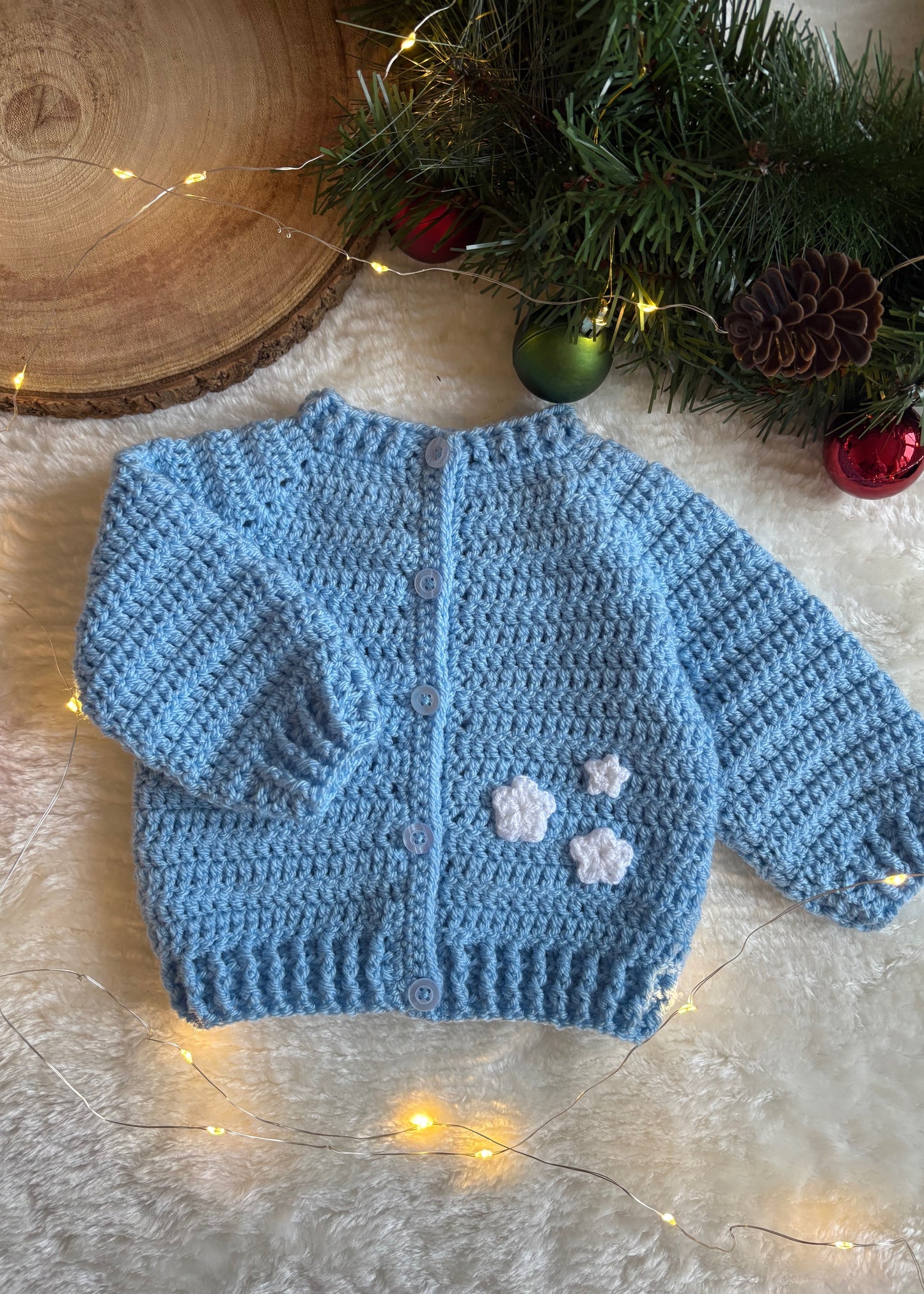 Handmade Crochet Merry and Bright Embroidered Baby Blue Christmas Cardigan