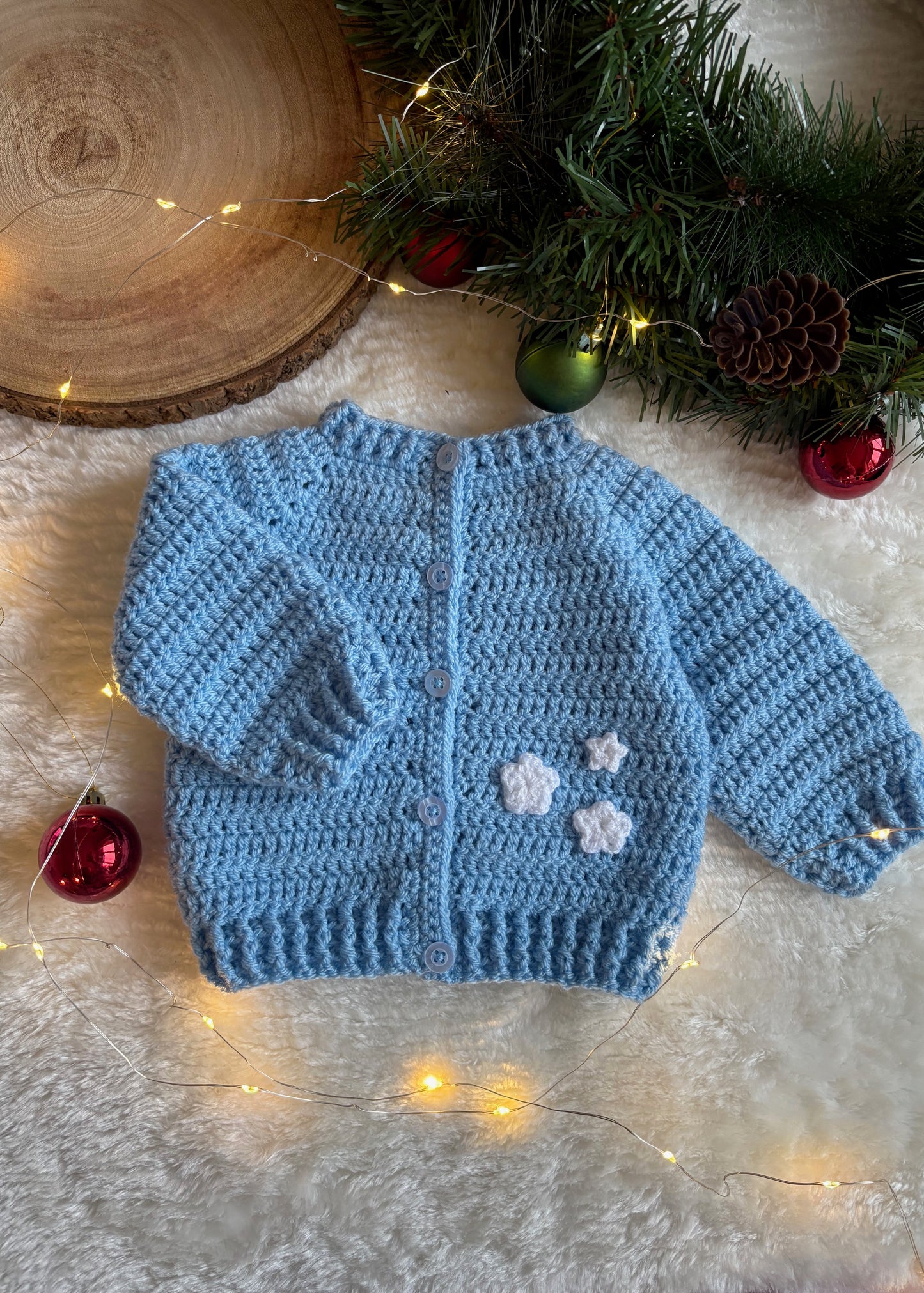 Handmade Crochet Merry and Bright Embroidered Baby Blue Christmas Cardigan