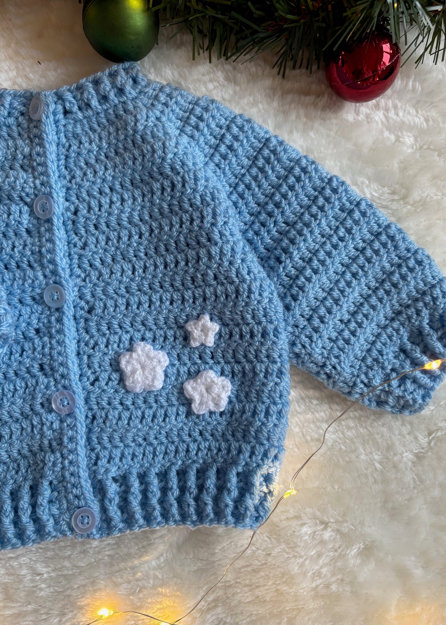 Handmade Crochet Merry and Bright Embroidered Baby Blue Christmas Cardigan