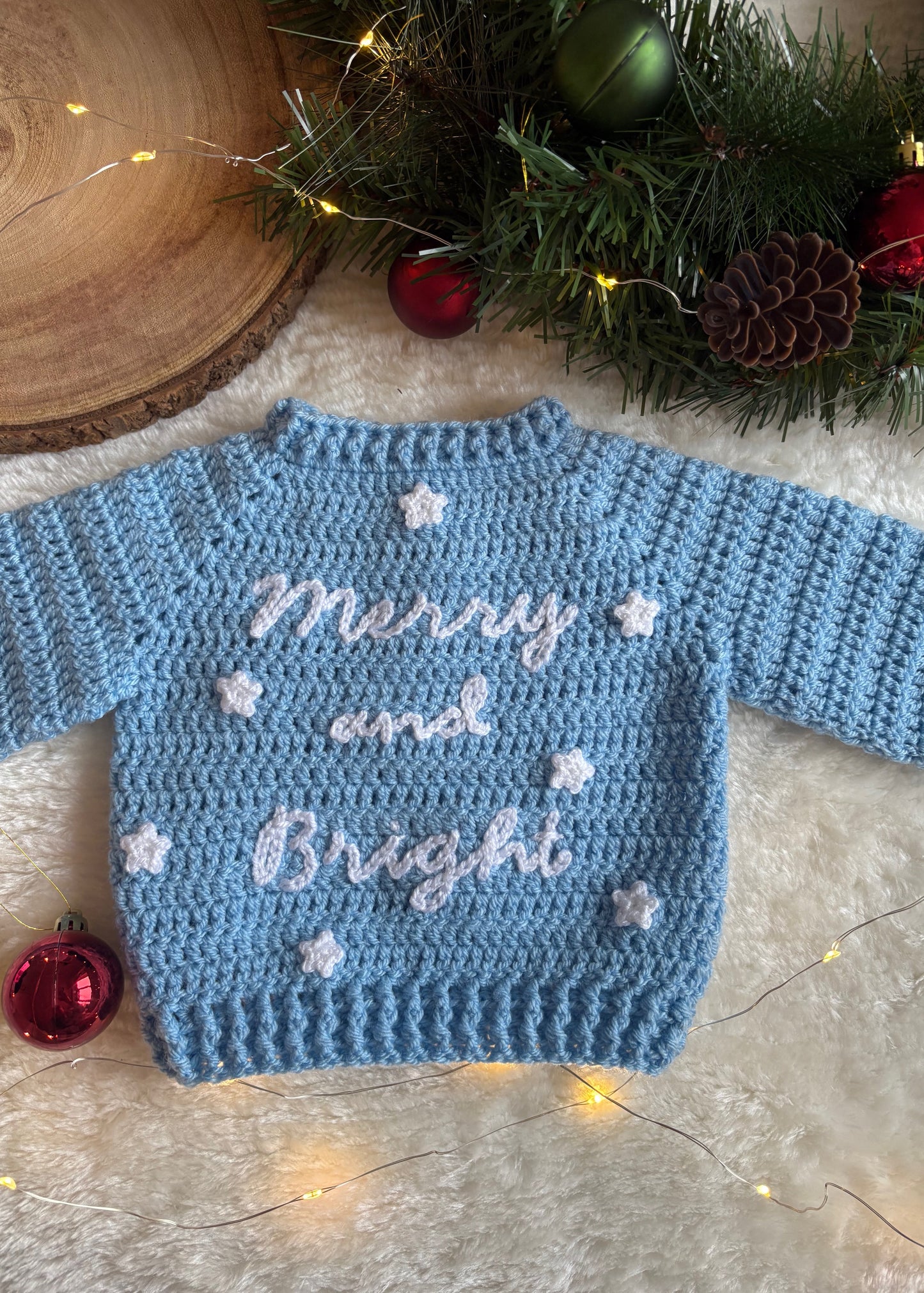 Handmade Crochet Merry and Bright Embroidered Baby Blue Christmas Cardigan