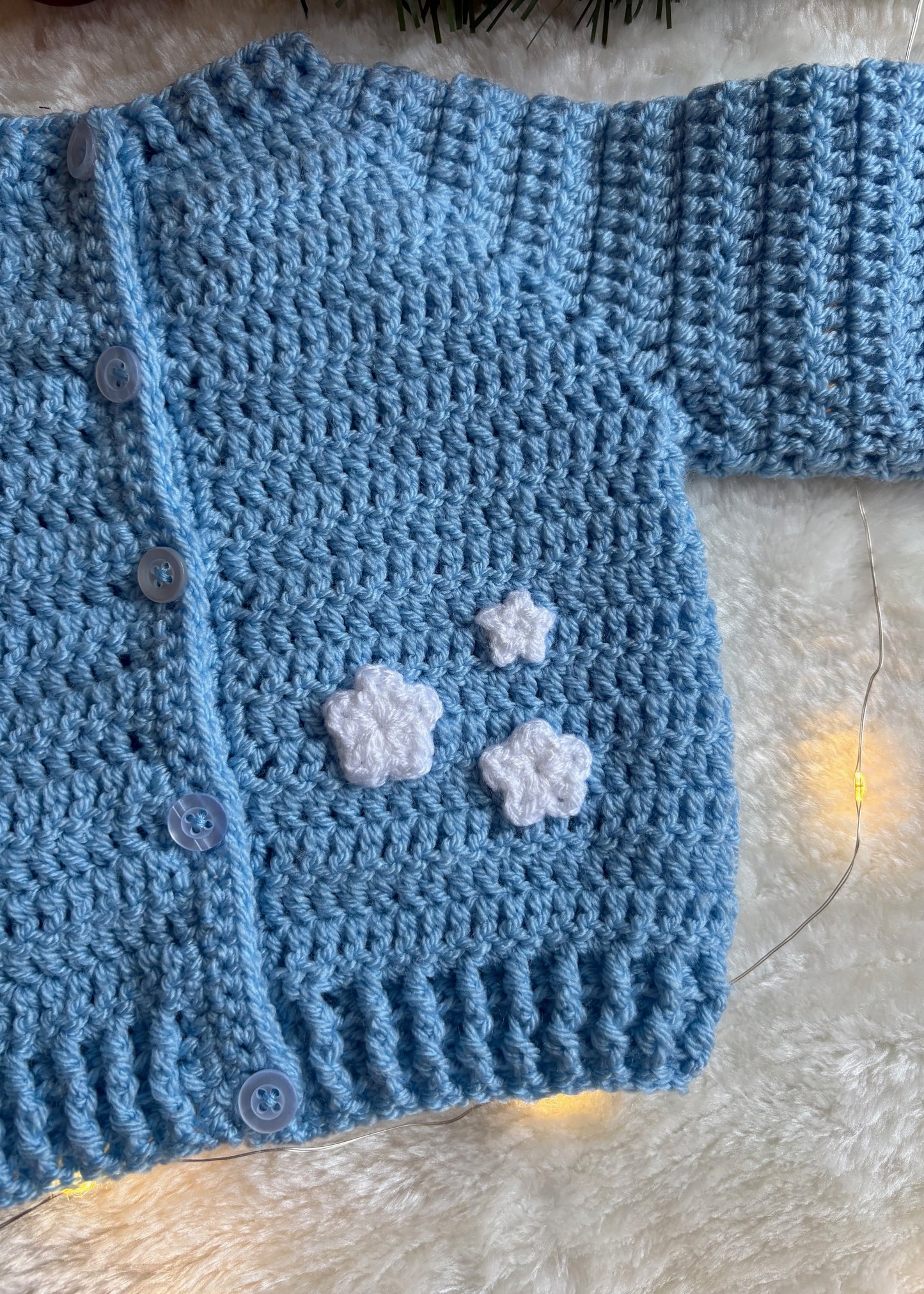 Handmade Crochet Merry and Bright Embroidered Baby Blue Christmas Cardigan